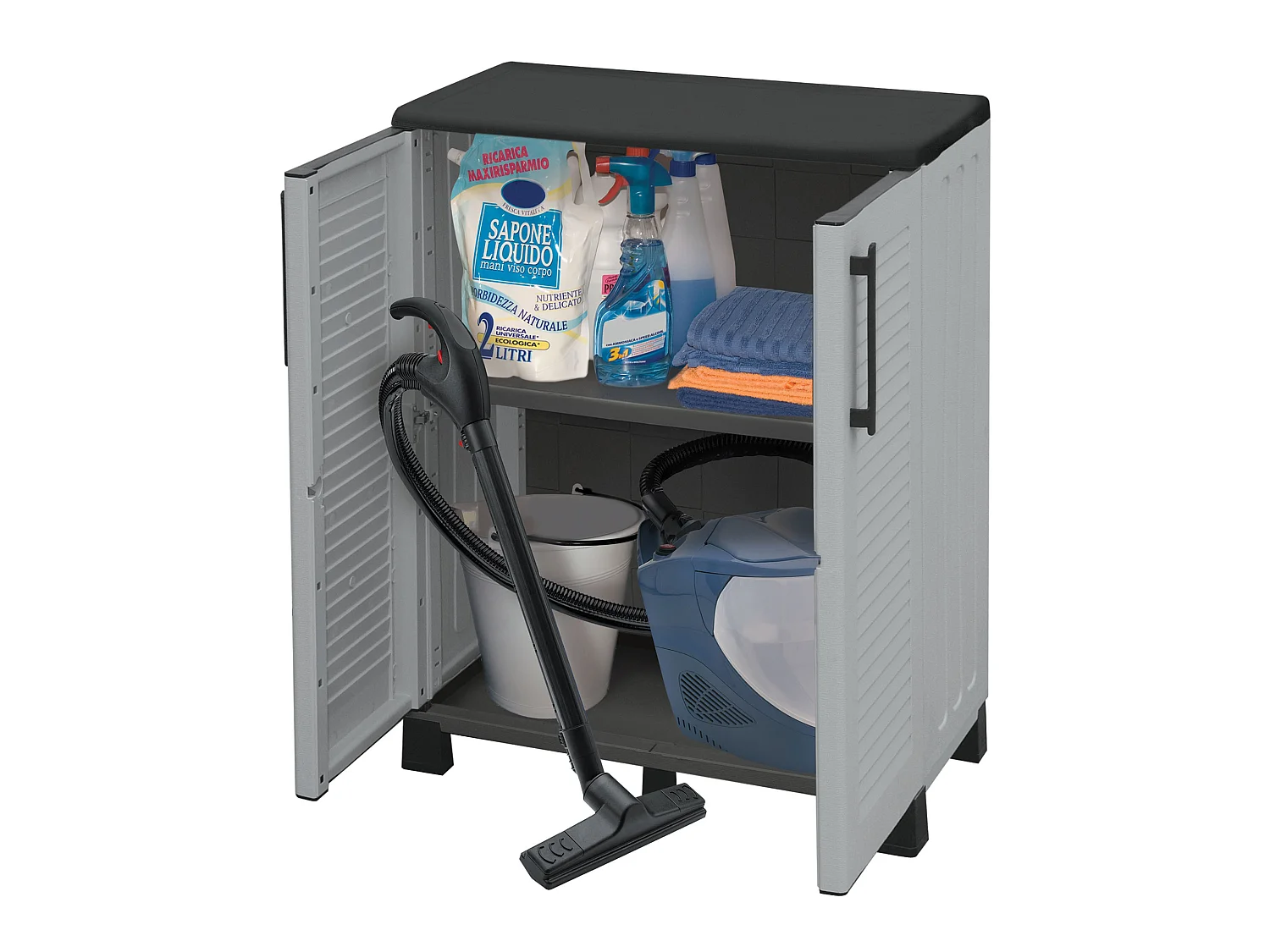 Armario de media altura en polipropileno, con bisagras de acero, balda y patas regulables