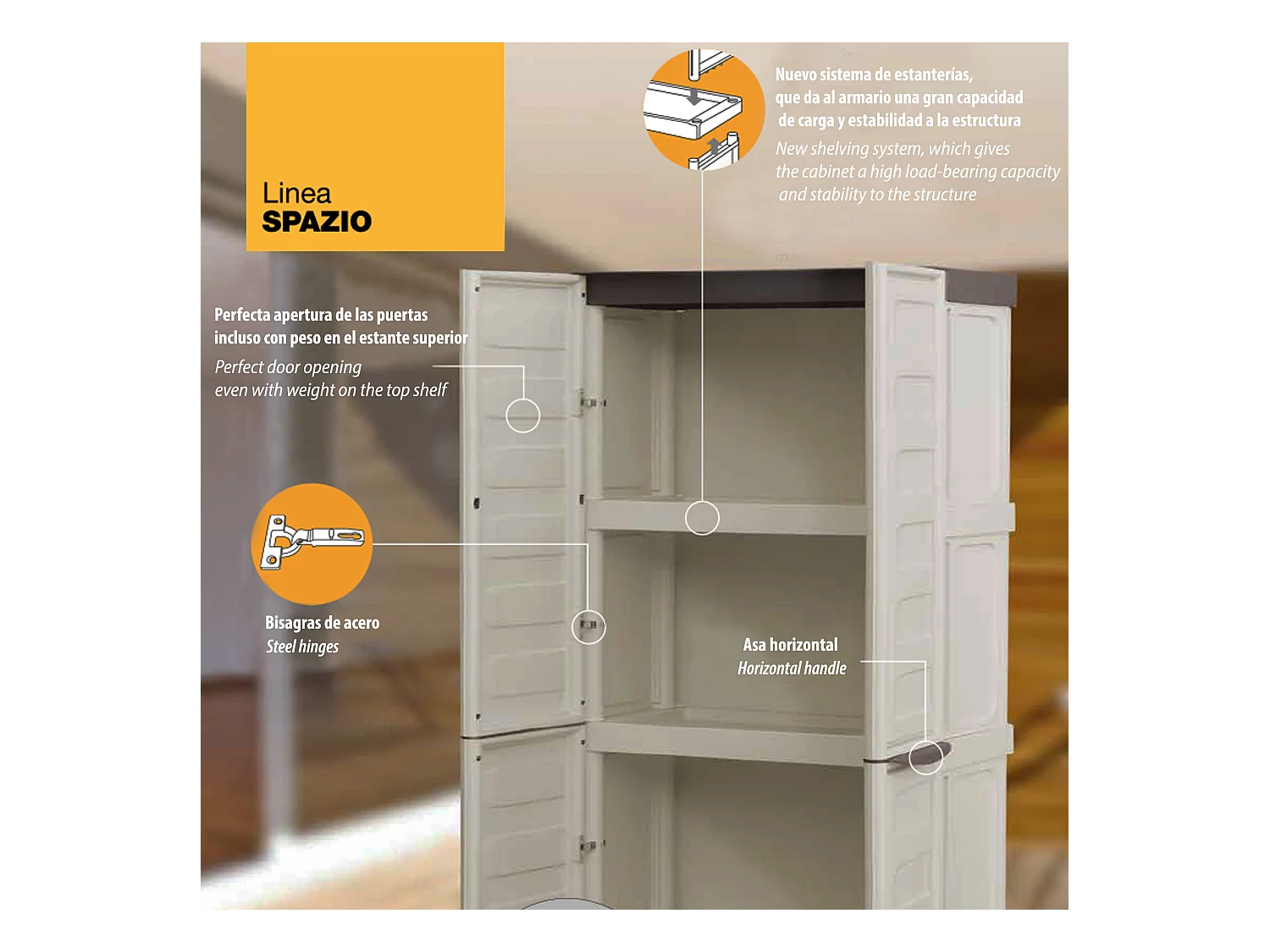 Armoire à hauteur moyenne en polypropylène, matériau écologique recyclable et durable, est équipé de charnières en acier et d'étagère réglable