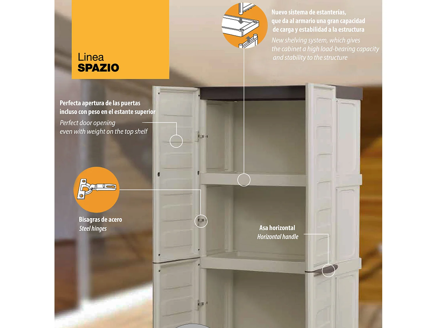 Armoire à hauteur moyenne en polypropylène, matériau écologique recyclable et durable, est équipé de charnières en acier et d'étagère réglable