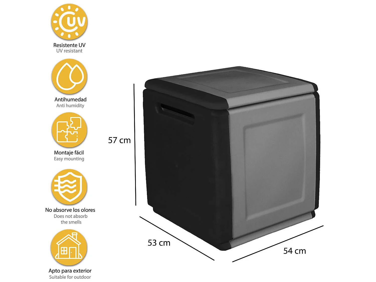 CUBE Coffre de rangement en polypropylène, couleur gris foncé et noir. 57x54x53cm