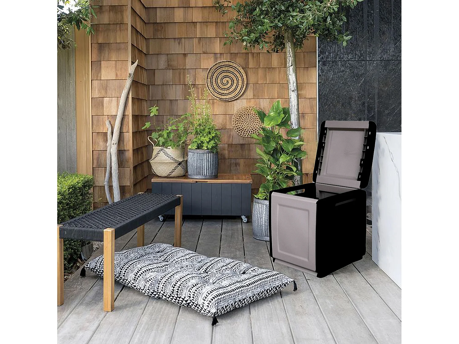 CUBE Coffre de rangement en polypropylène, couleur gris foncé et noir. 57x54x53cm