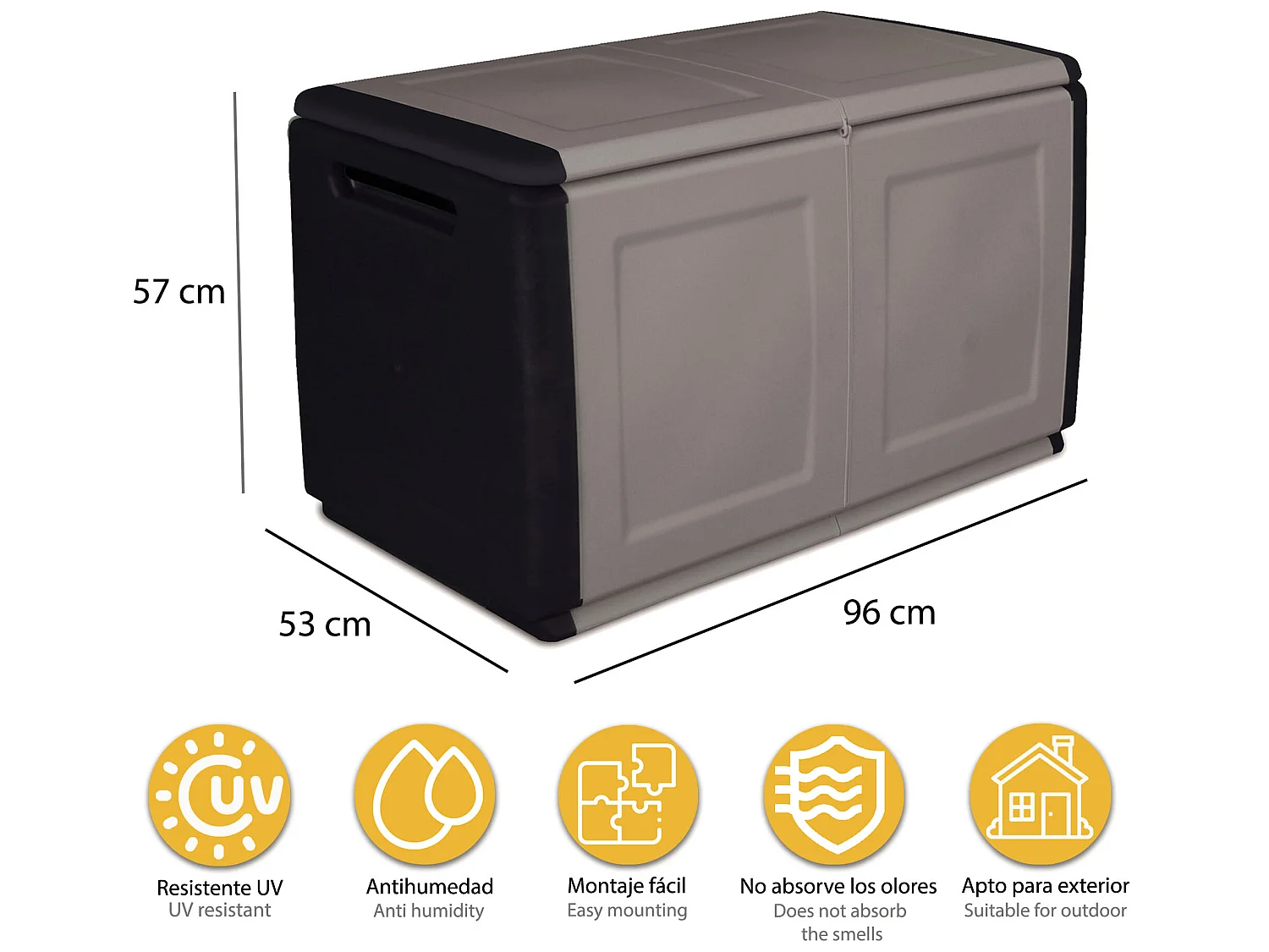 CUBE Coffre de rangement en polypropylène, couleur gris foncé et noir. 57x96x53cm