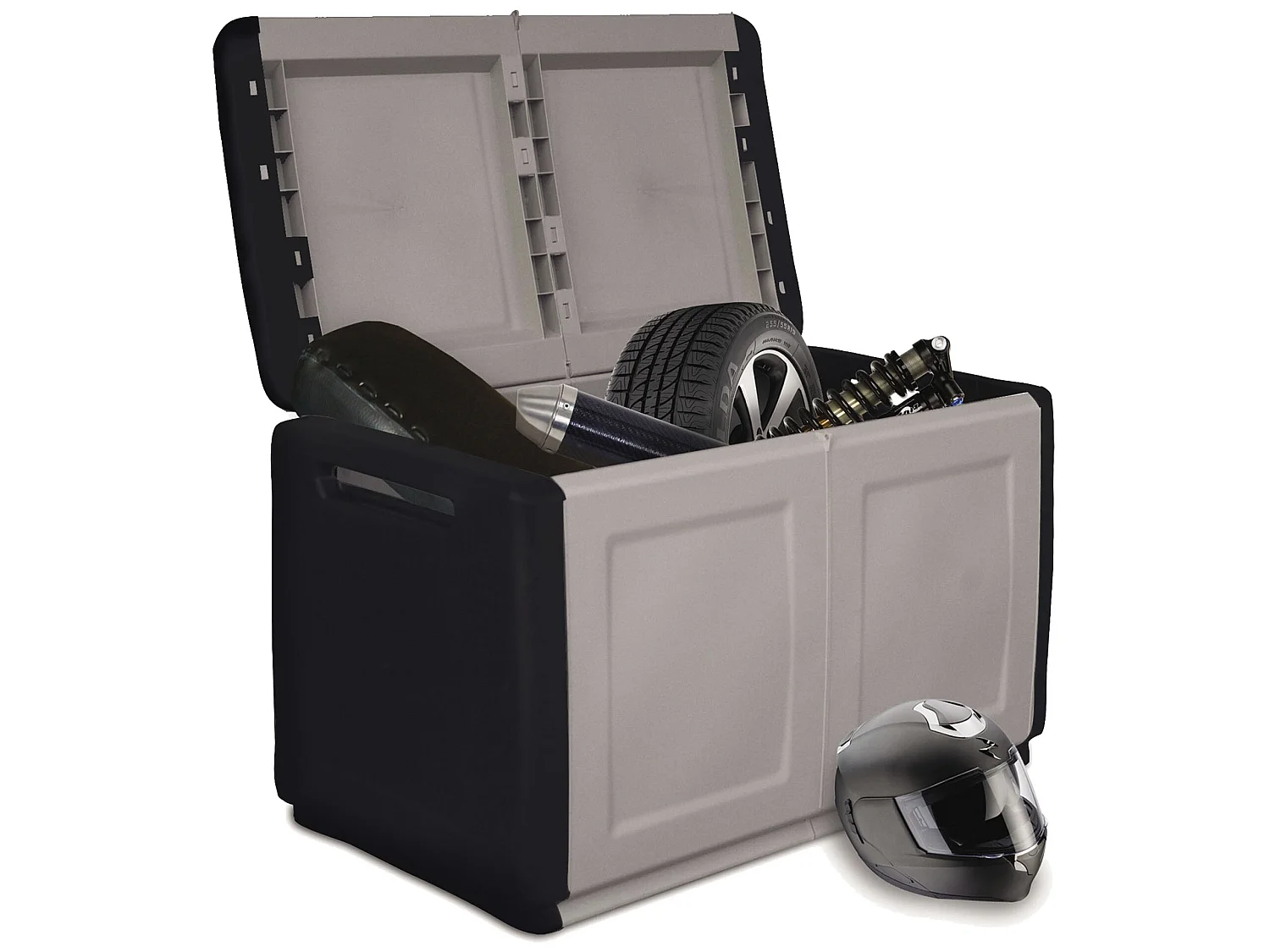 CUBE Coffre de rangement en polypropylène, couleur gris foncé et noir. 57x96x53cm