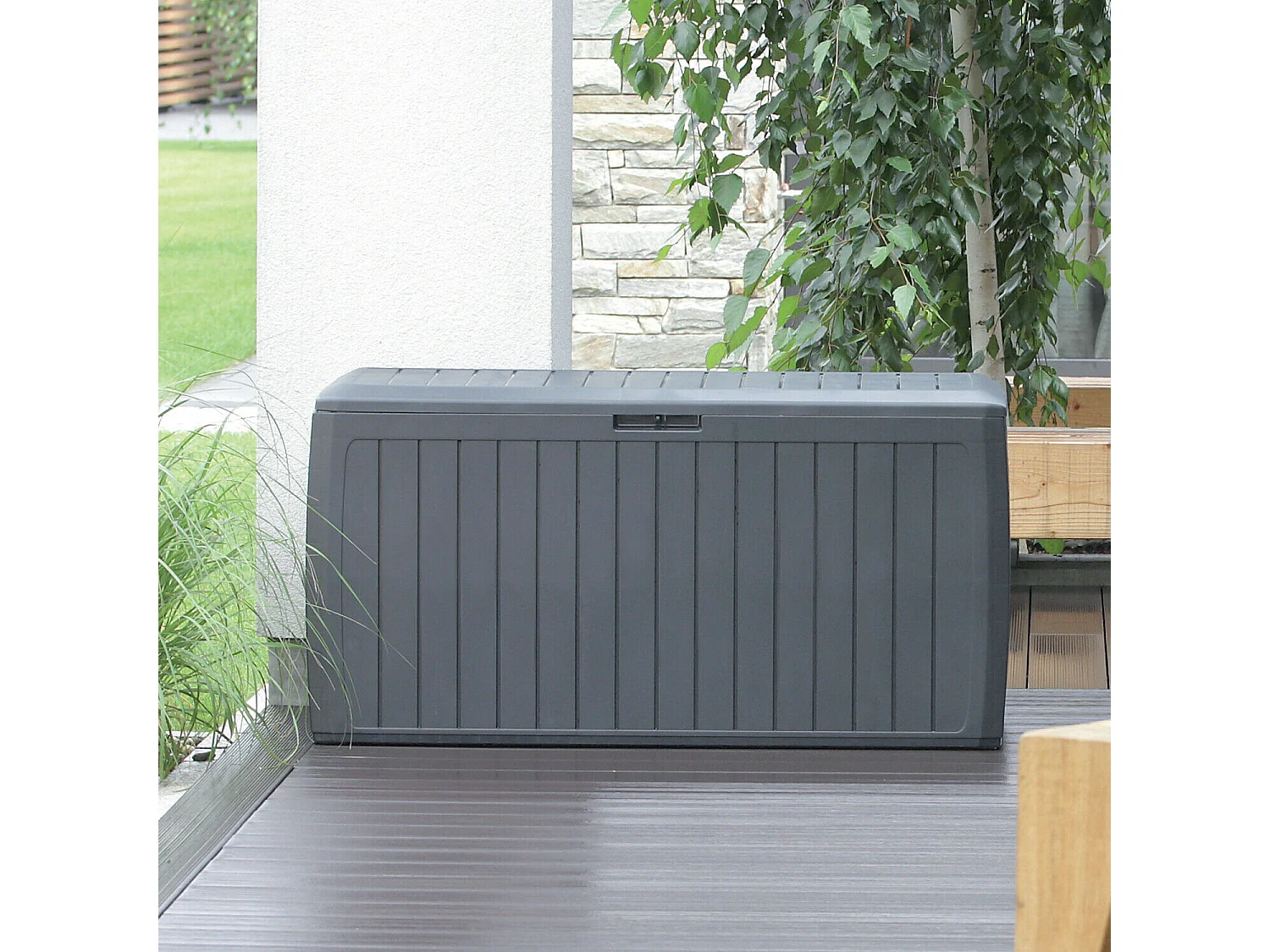 Baul de jardin 190 litros prosperplast woodebox de plastico en color antracita 78 x 43,3 x 55 cm