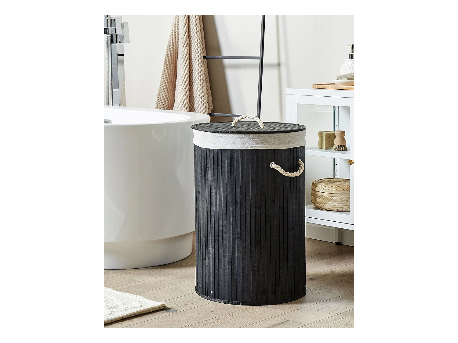 Wäschekorb Bambusholz schwarz handgemacht rund mit Deckel Sack Sannar