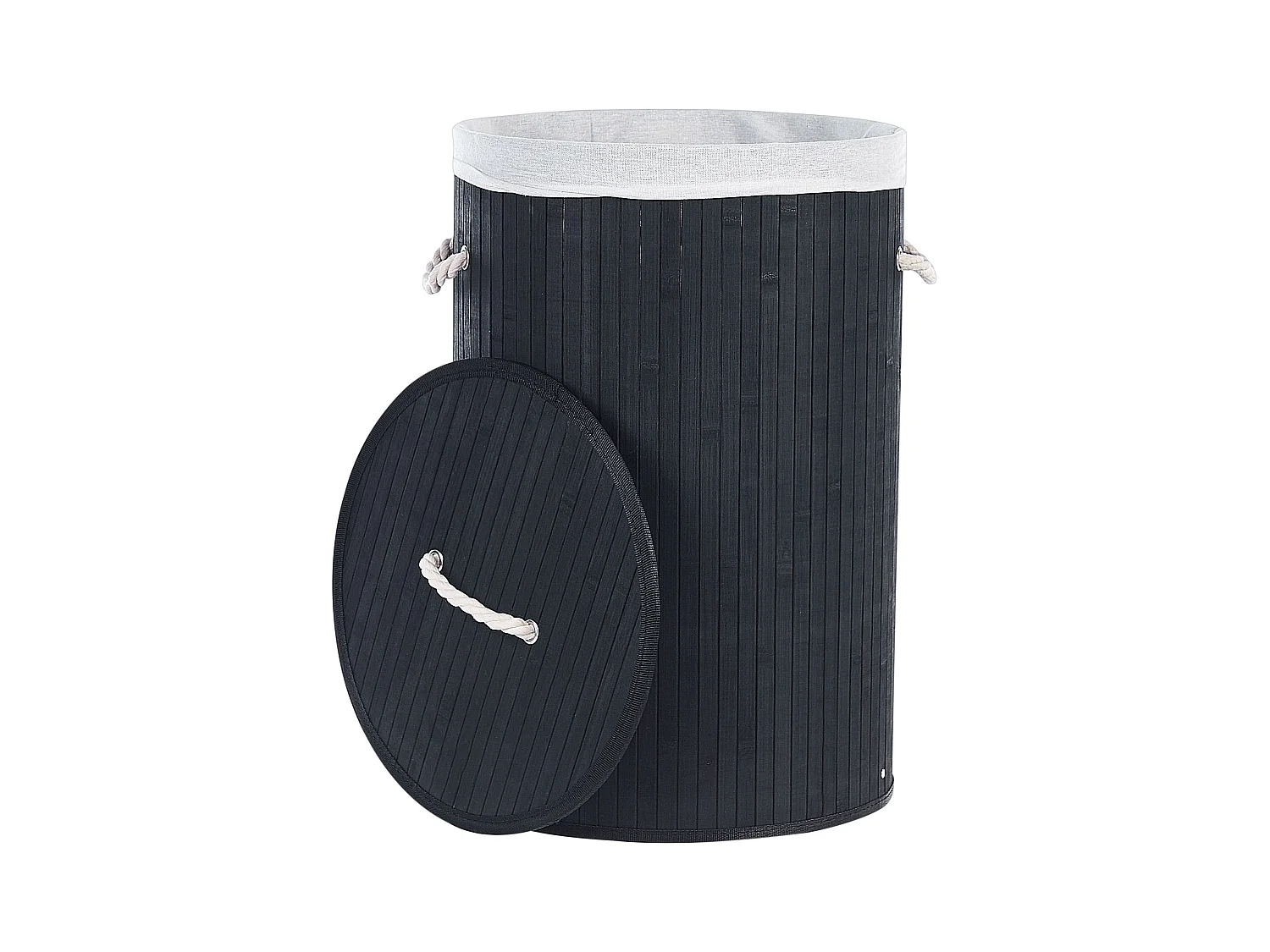 Wäschekorb Bambusholz schwarz handgemacht rund mit Deckel Sack Sannar