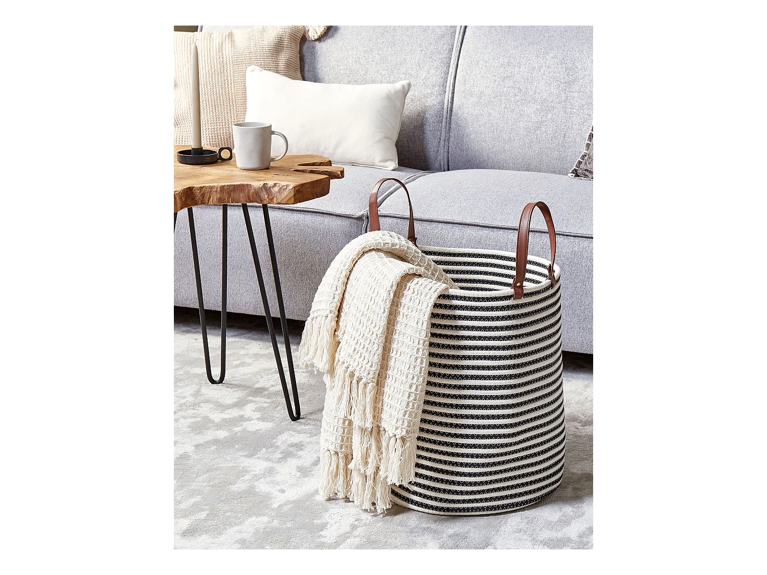 Korb Baumwolle weiß / schwarz handgemacht rund mit Griffen Aufbewahrung Ichka