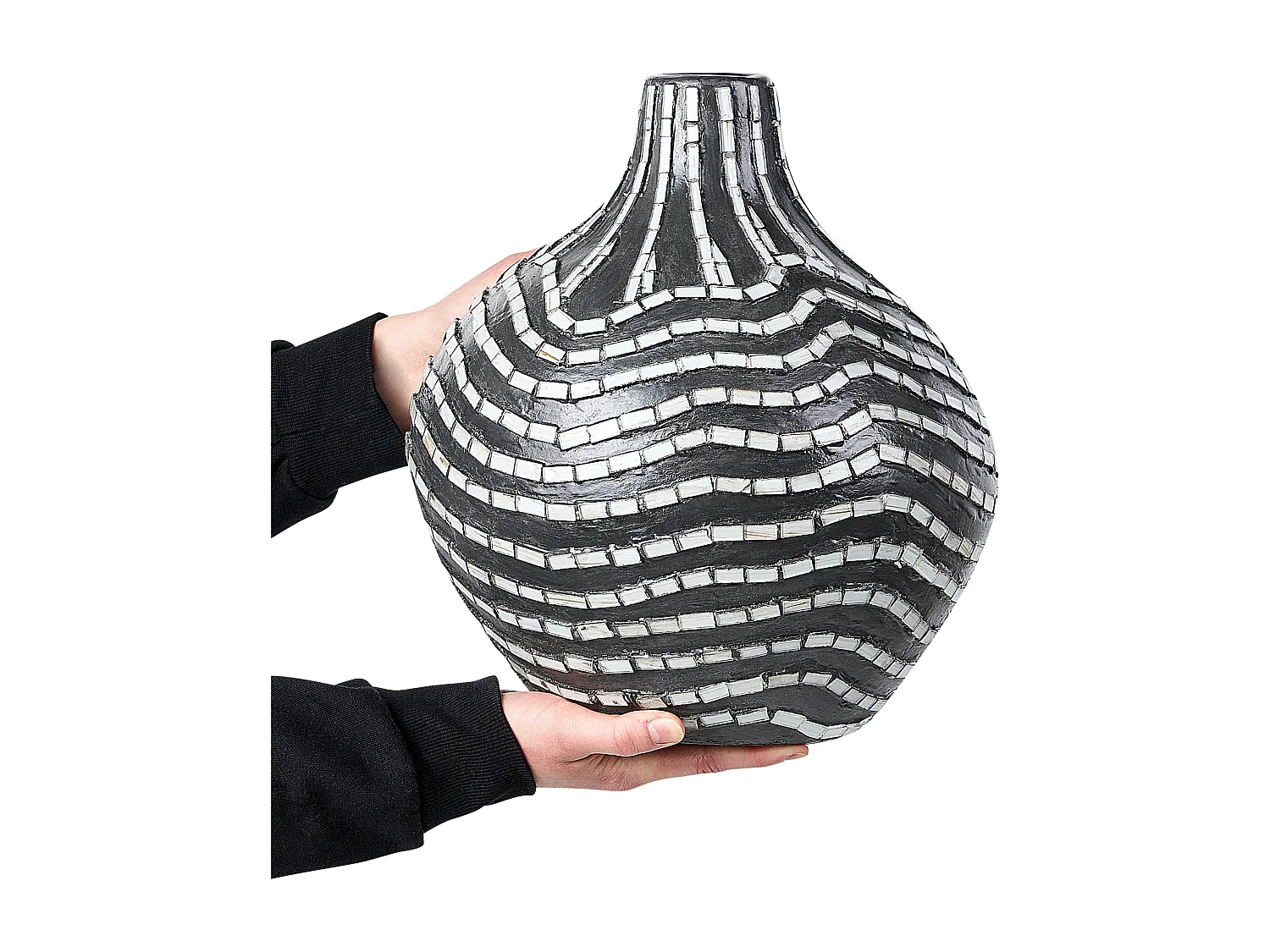 Dekorative Vase handgefertigte Terrakotta, Gestreiftes Muster 35 cm Zubehör Schwarz und Weiß Kualu