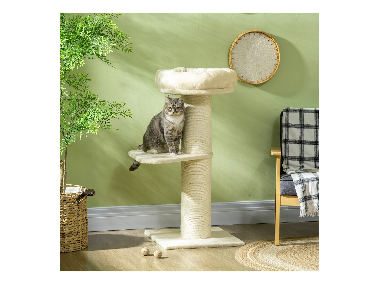 Arbre à chat griffoir sisal naturel 2 plateforme panier observation jeu boule suspendue peluche beige