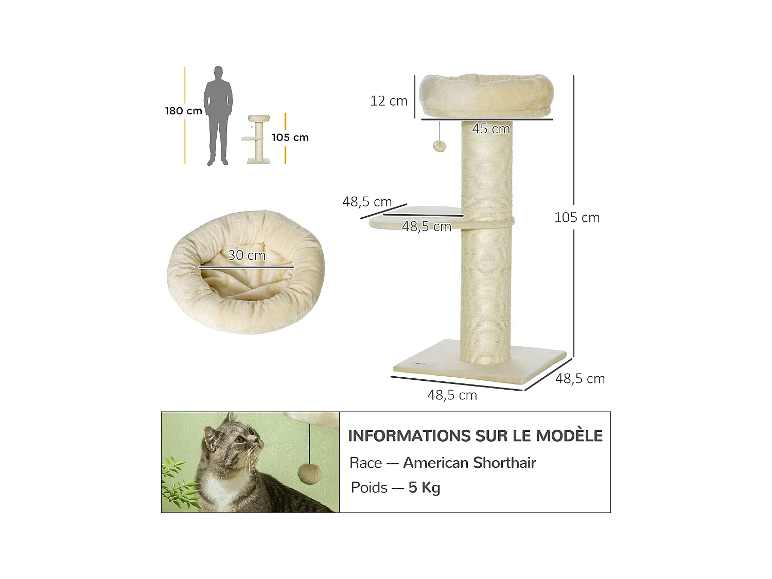 Arbre à chat griffoir sisal naturel 2 plateforme panier observation jeu boule suspendue peluche beige