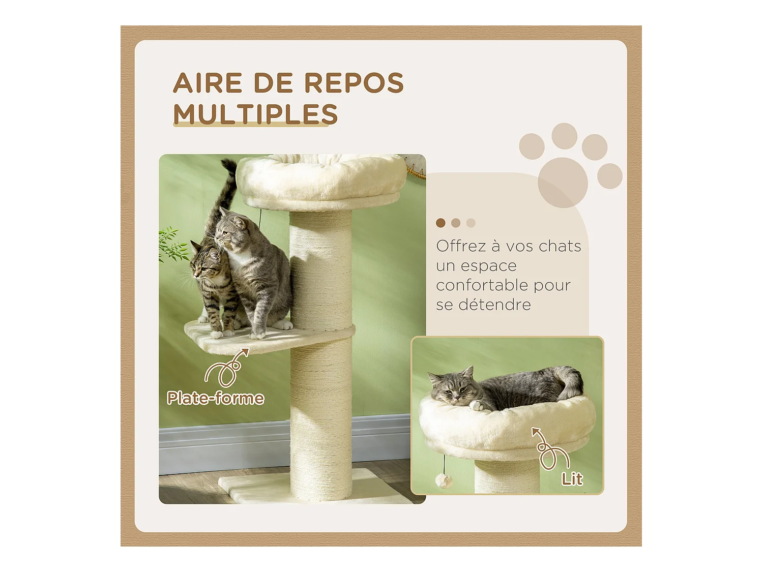 Arbre à chat griffoir sisal naturel 2 plateforme panier observation jeu boule suspendue peluche beige