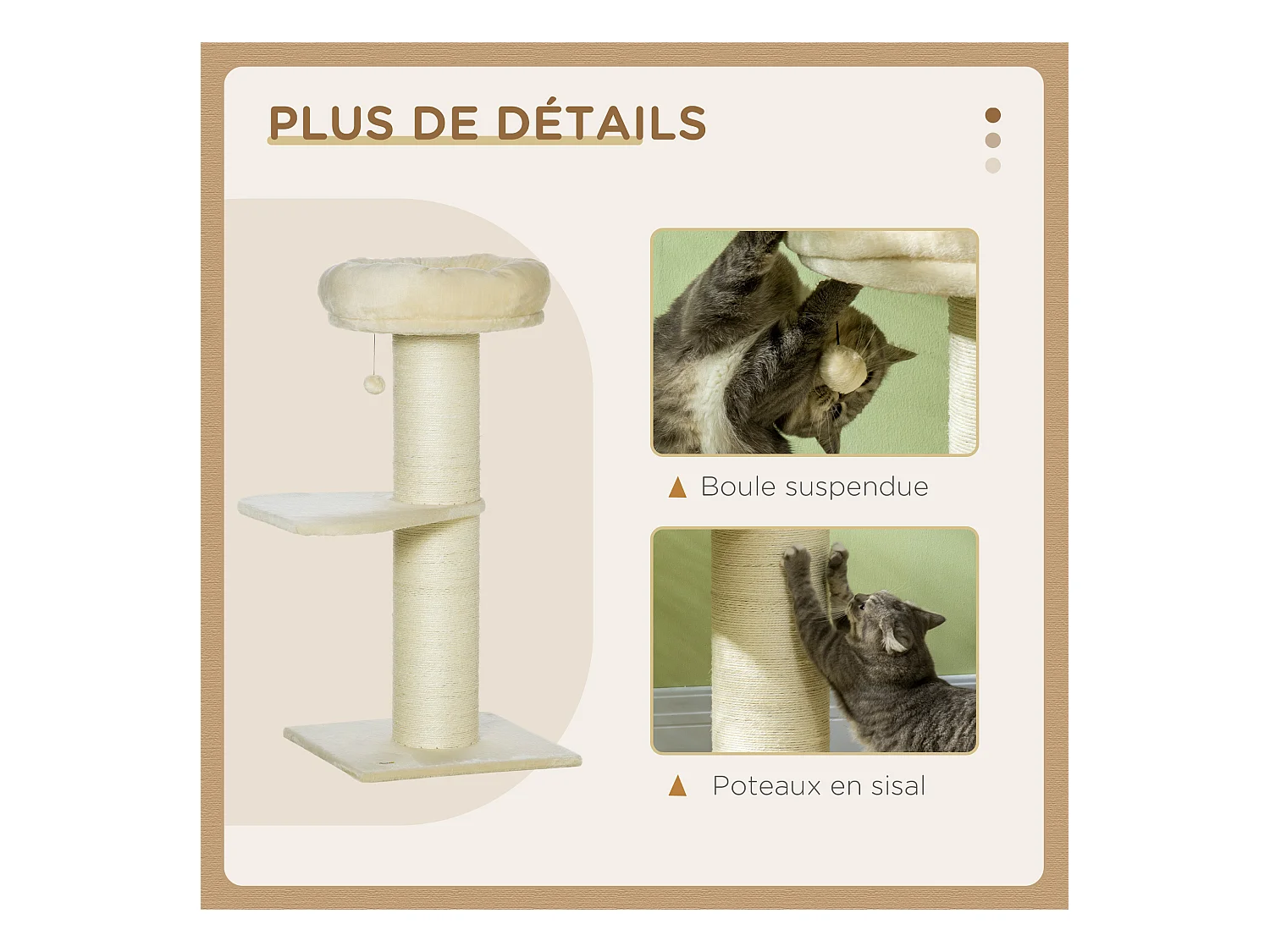 Arbre à chat griffoir sisal naturel 2 plateforme panier observation jeu boule suspendue peluche beige