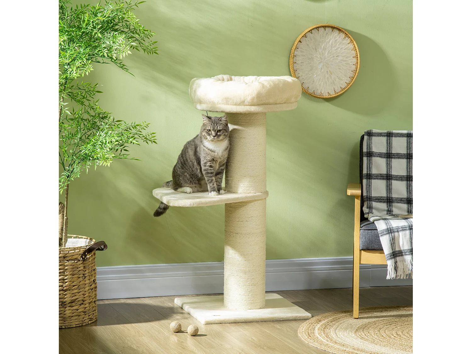 Arbre à chat griffoir sisal naturel 2 plateforme panier observation jeu boule suspendue peluche beige