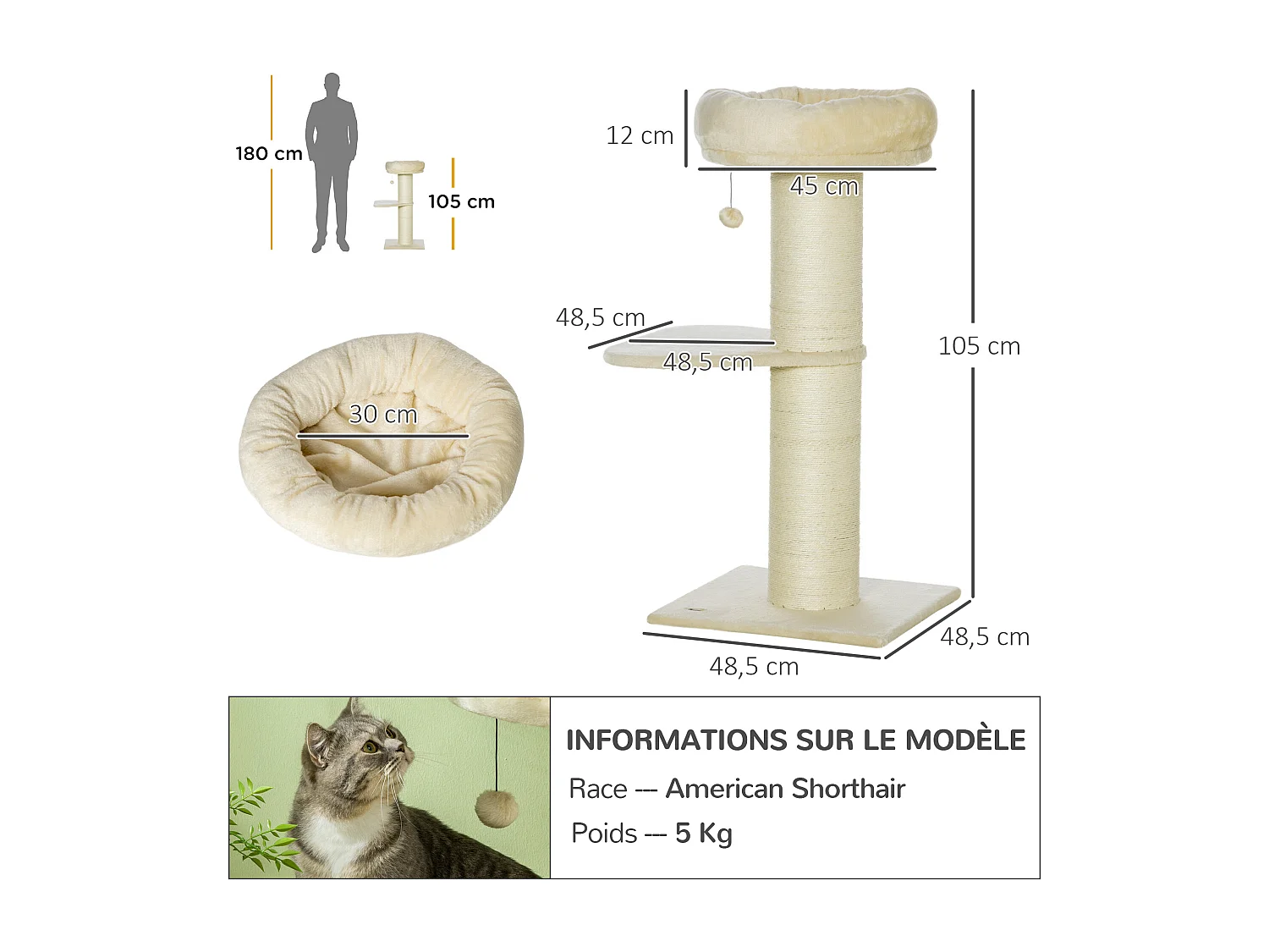 Arbre à chat griffoir sisal naturel 2 plateforme panier observation jeu boule suspendue peluche beige