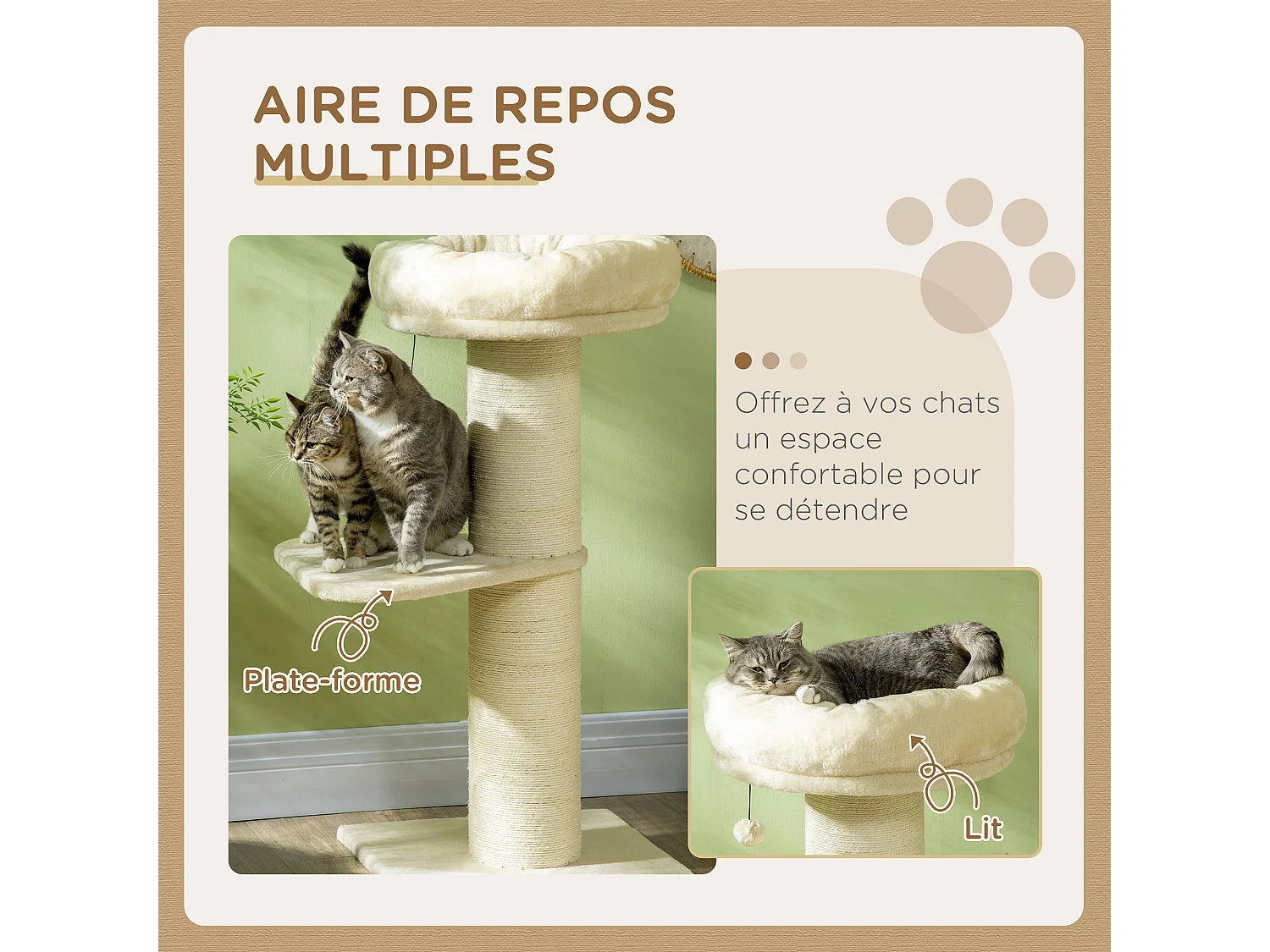 Arbre à chat griffoir sisal naturel 2 plateforme panier observation jeu boule suspendue peluche beige