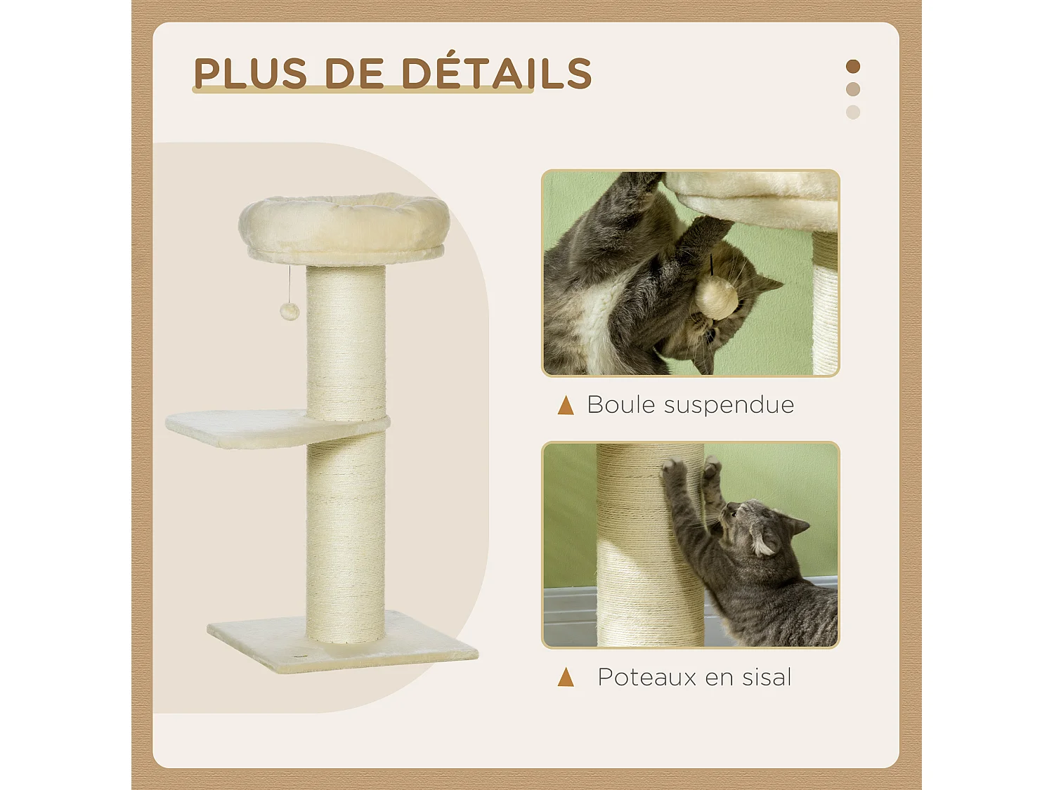 Arbre à chat griffoir sisal naturel 2 plateforme panier observation jeu boule suspendue peluche beige