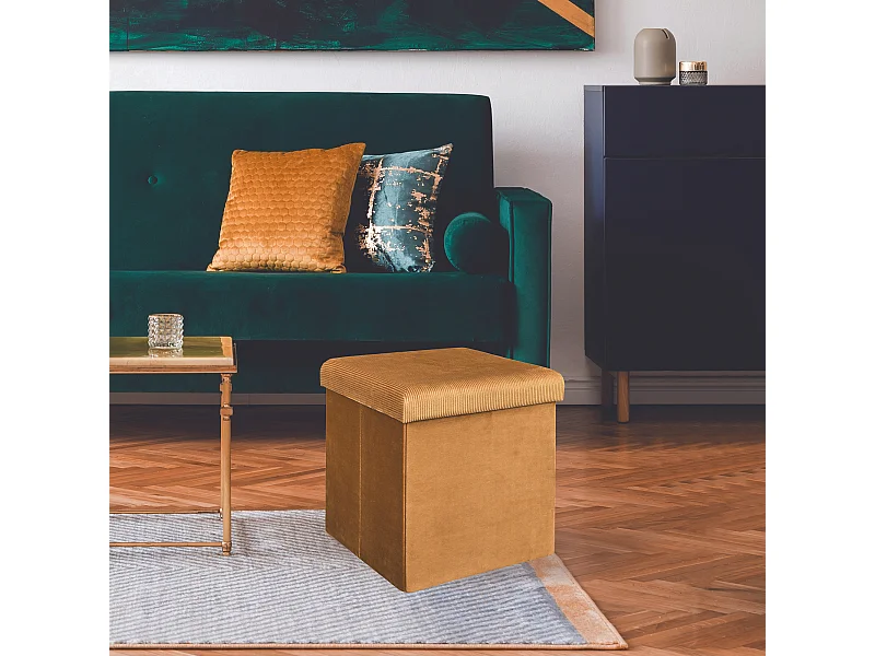 Coffre Pouf Pliable Velours Cotele Giulia Jaune Jaune