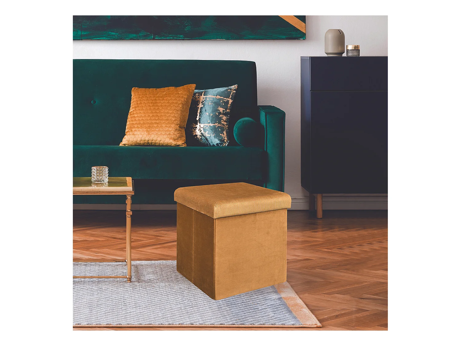 Coffre Pouf Pliable Velours Cotele Giulia Jaune Jaune