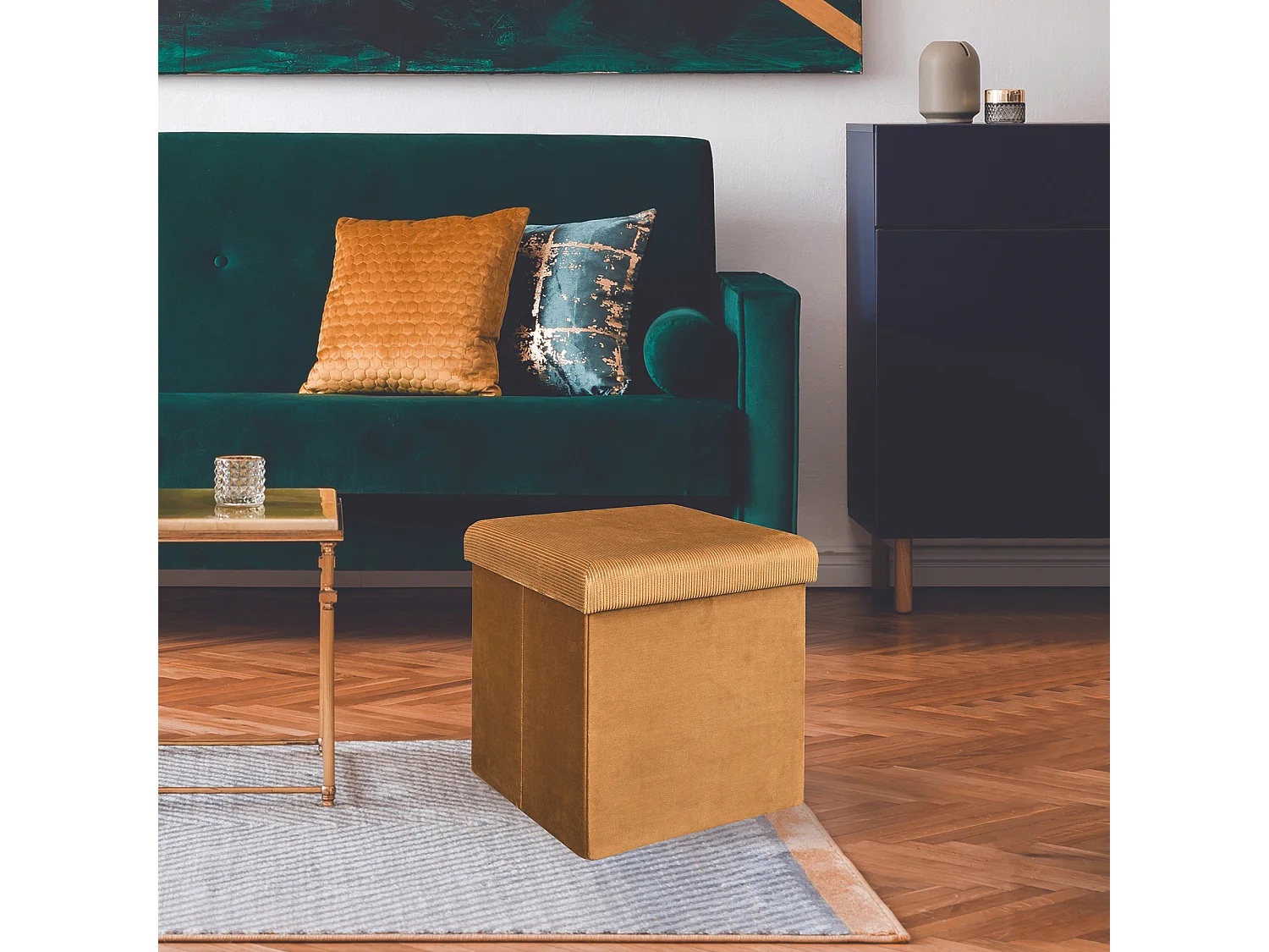 Coffre Pouf Pliable Velours Cotele Giulia Jaune Jaune