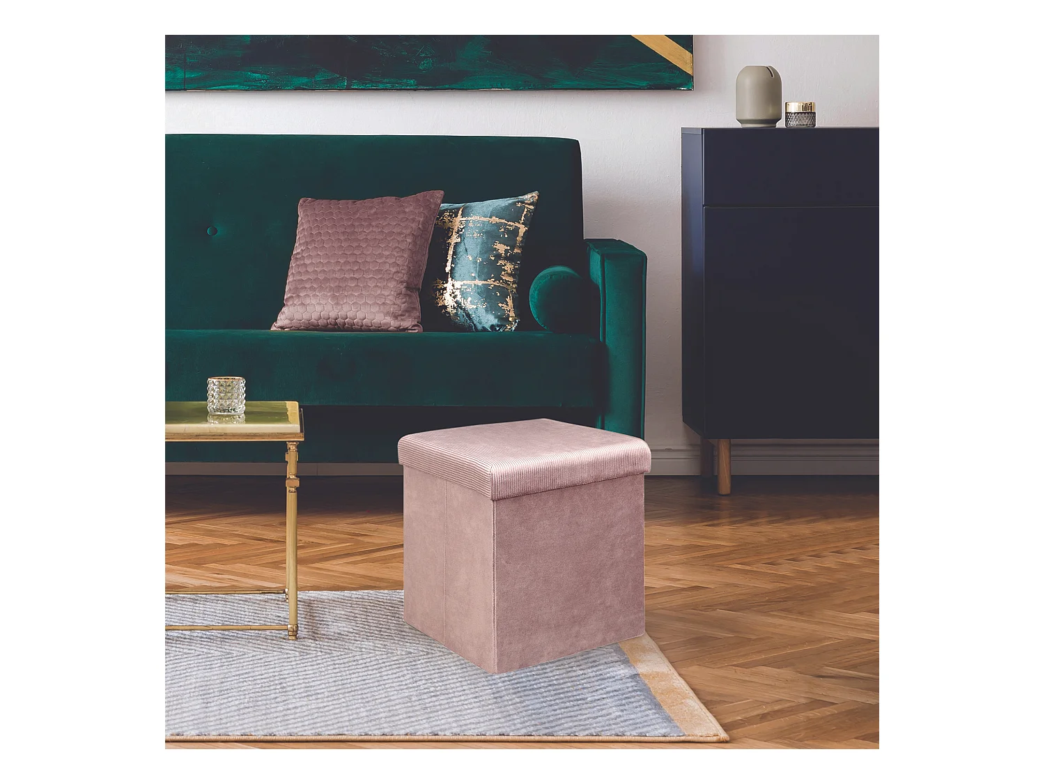 Coffre Pouf Pliable Velours Cotele Giulia Rose Rose