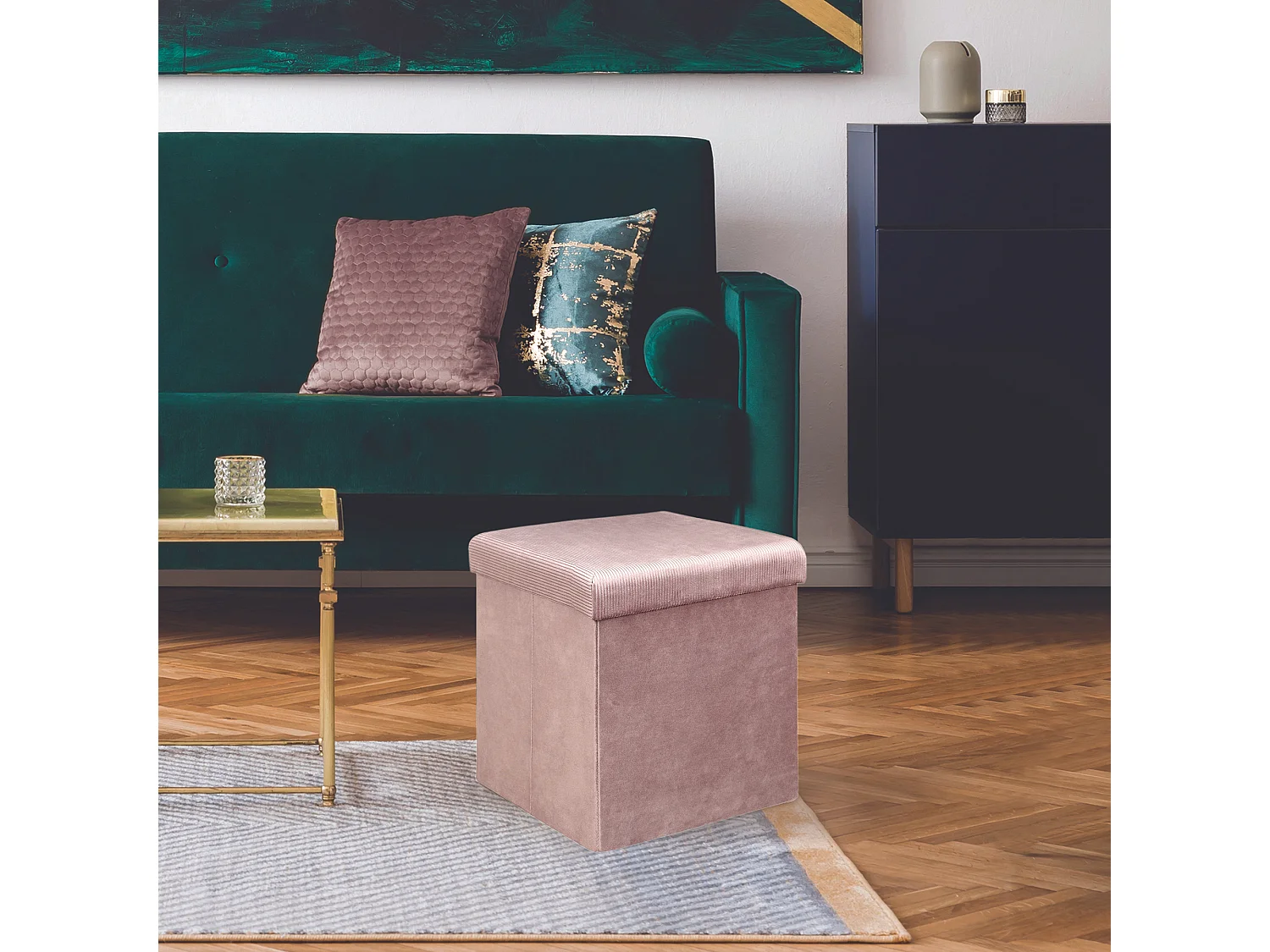 Coffre Pouf Pliable Velours Cotele Giulia Rose Rose