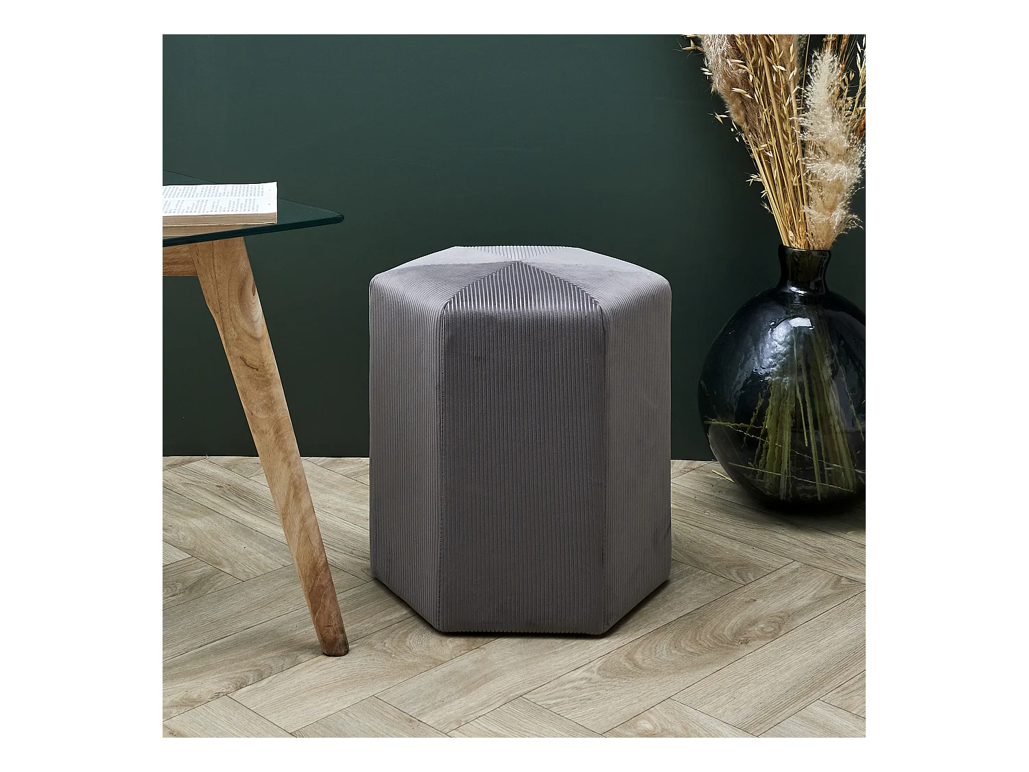 Pouf Velours Cotele 35cm Giulia Gris Fonce Gris