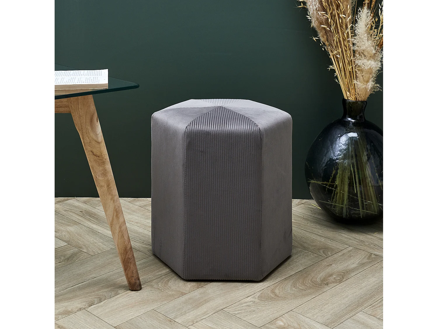 Pouf Velours Cotele 35cm Giulia Gris Fonce Gris