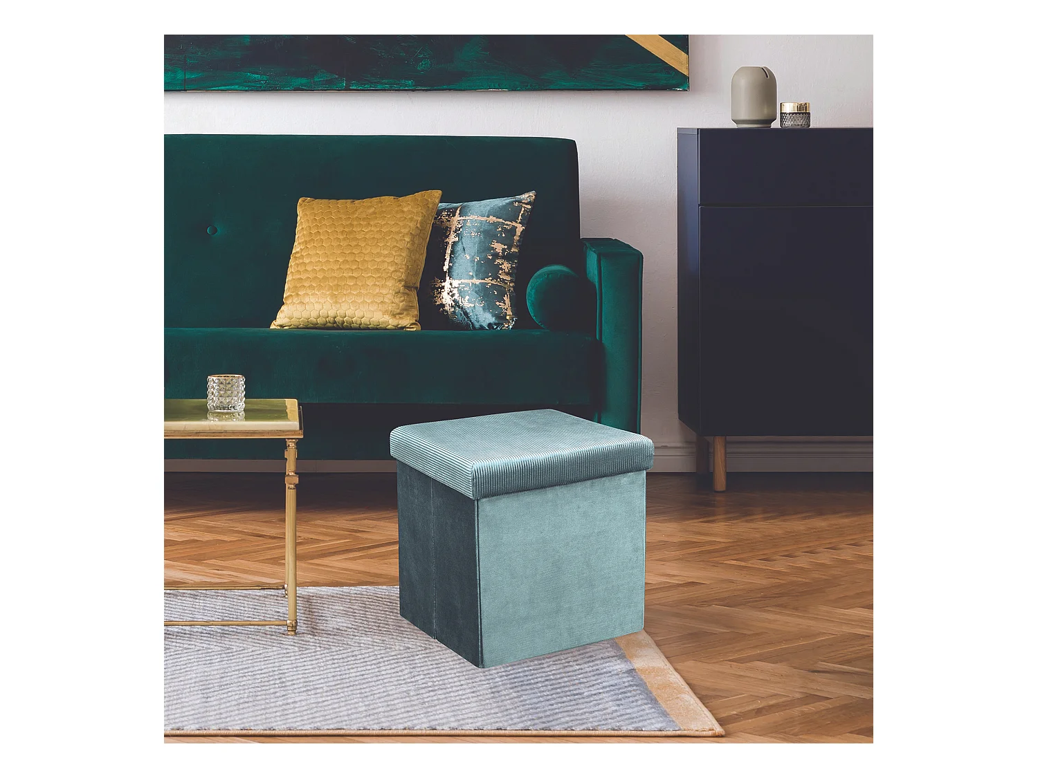 Coffre Pouf Pliable Velours Cotele Giulia Bleu Bleu
