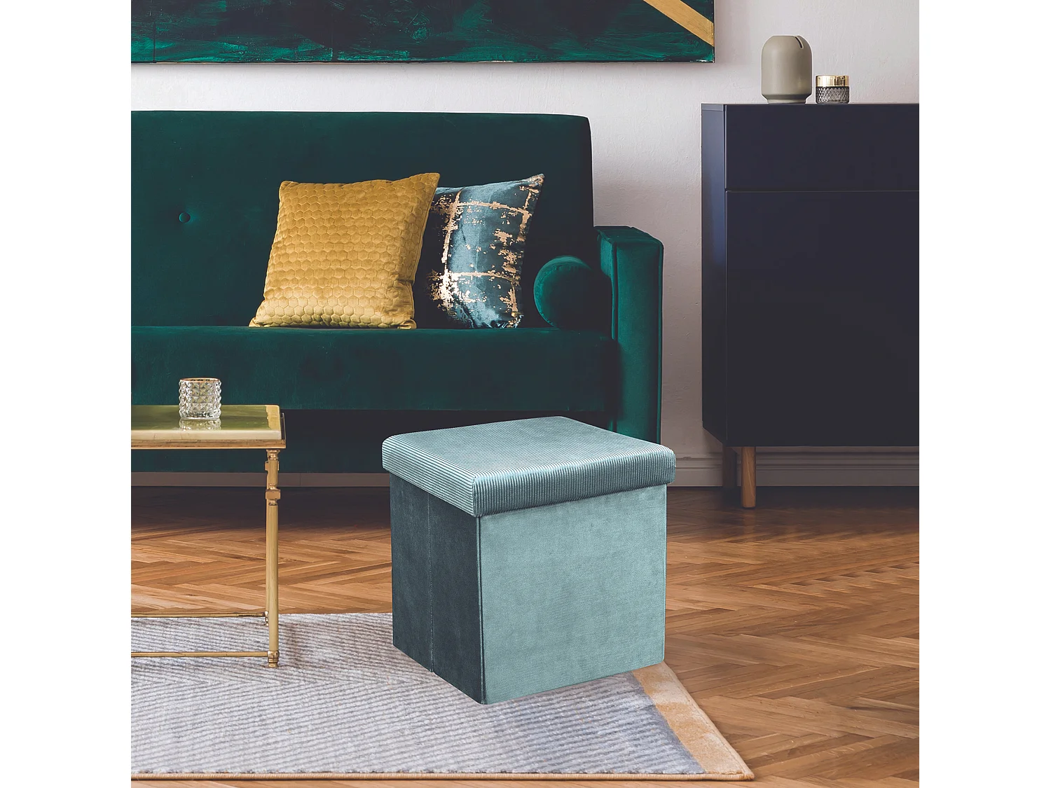 Coffre Pouf Pliable Velours Cotele Giulia Bleu Bleu