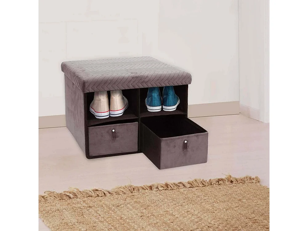 Banc Pliable Tiroir X2 Velours A Motif Gris Gris