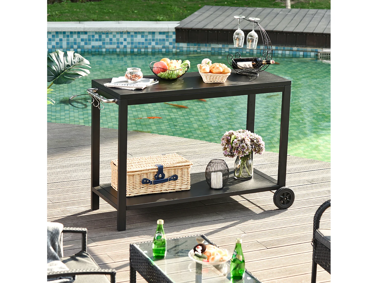 Desserte de jardin - desserte pour plancha - chariot de service à roulettes multi-rangements acier noir