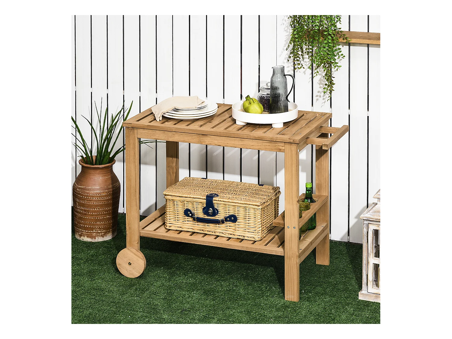 Desserte de jardin - desserte pour plancha - étagère, 3 porte-bouteilles, 2 roues, poignée - bois sapin pré-huilé