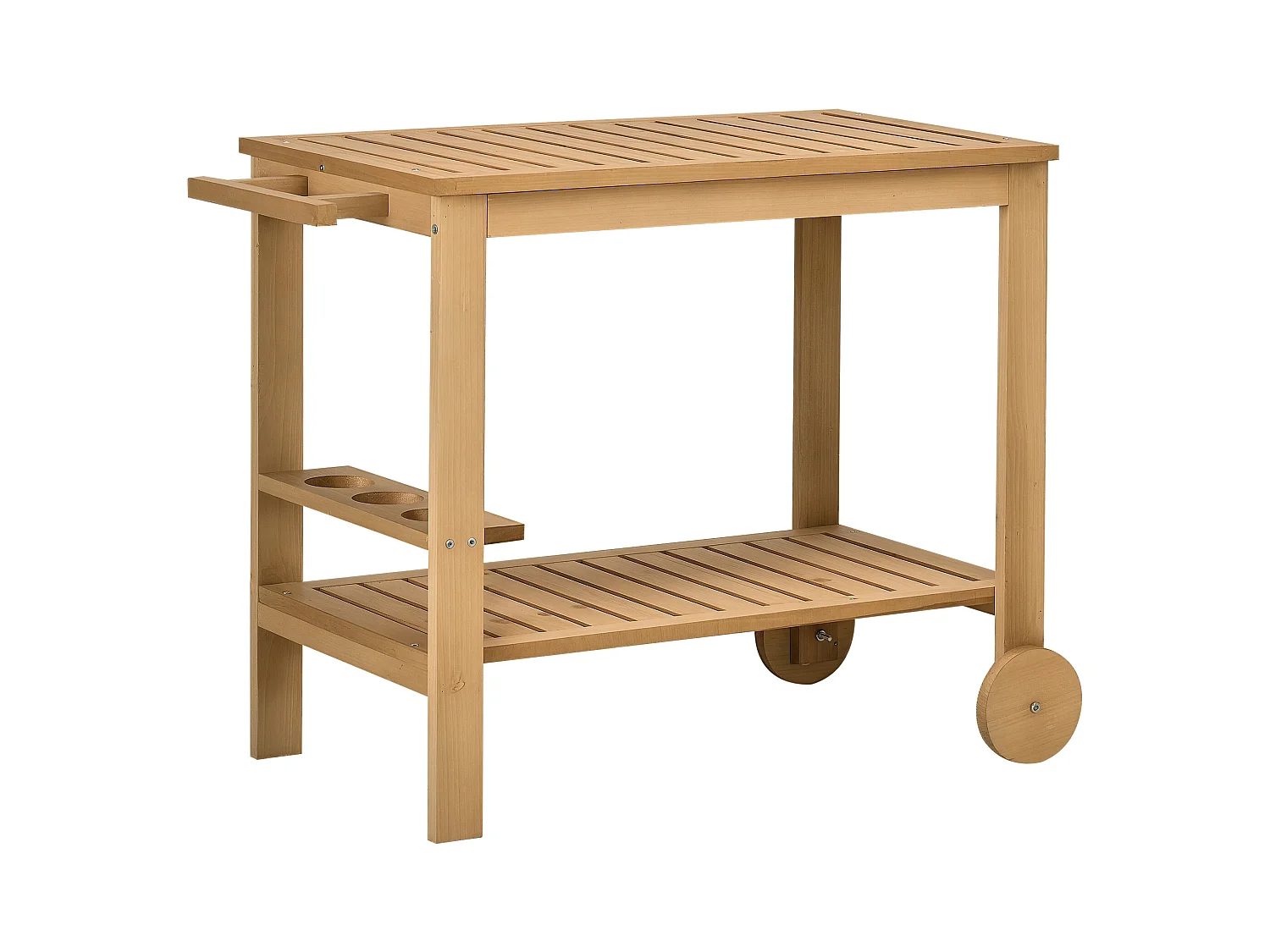 Desserte de jardin - desserte pour plancha - étagère, 3 porte-bouteilles, 2 roues, poignée - bois sapin pré-huilé