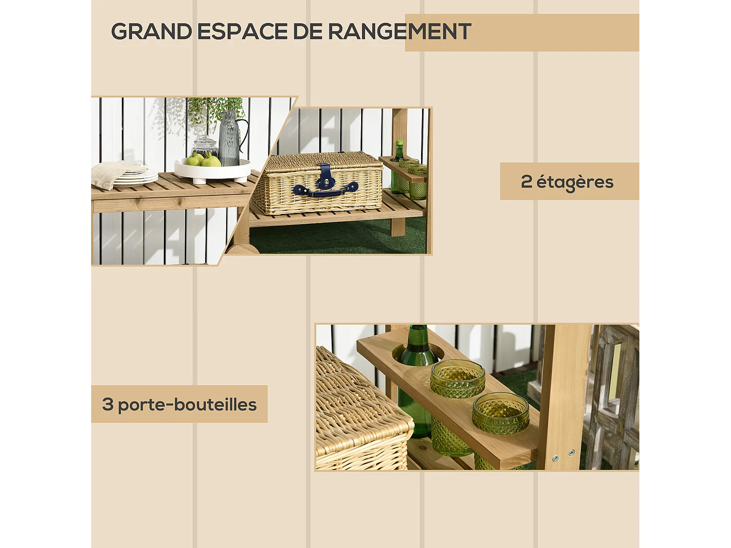 Desserte de jardin - desserte pour plancha - étagère, 3 porte-bouteilles, 2 roues, poignée - bois sapin pré-huilé