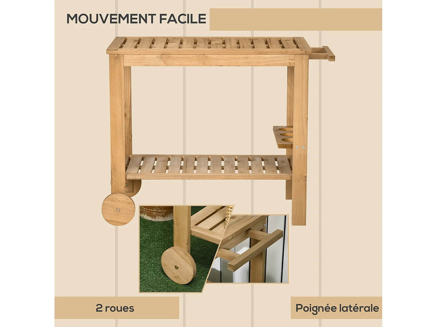 Desserte de jardin - desserte pour plancha - étagère, 3 porte-bouteilles, 2 roues, poignée - bois sapin pré-huilé