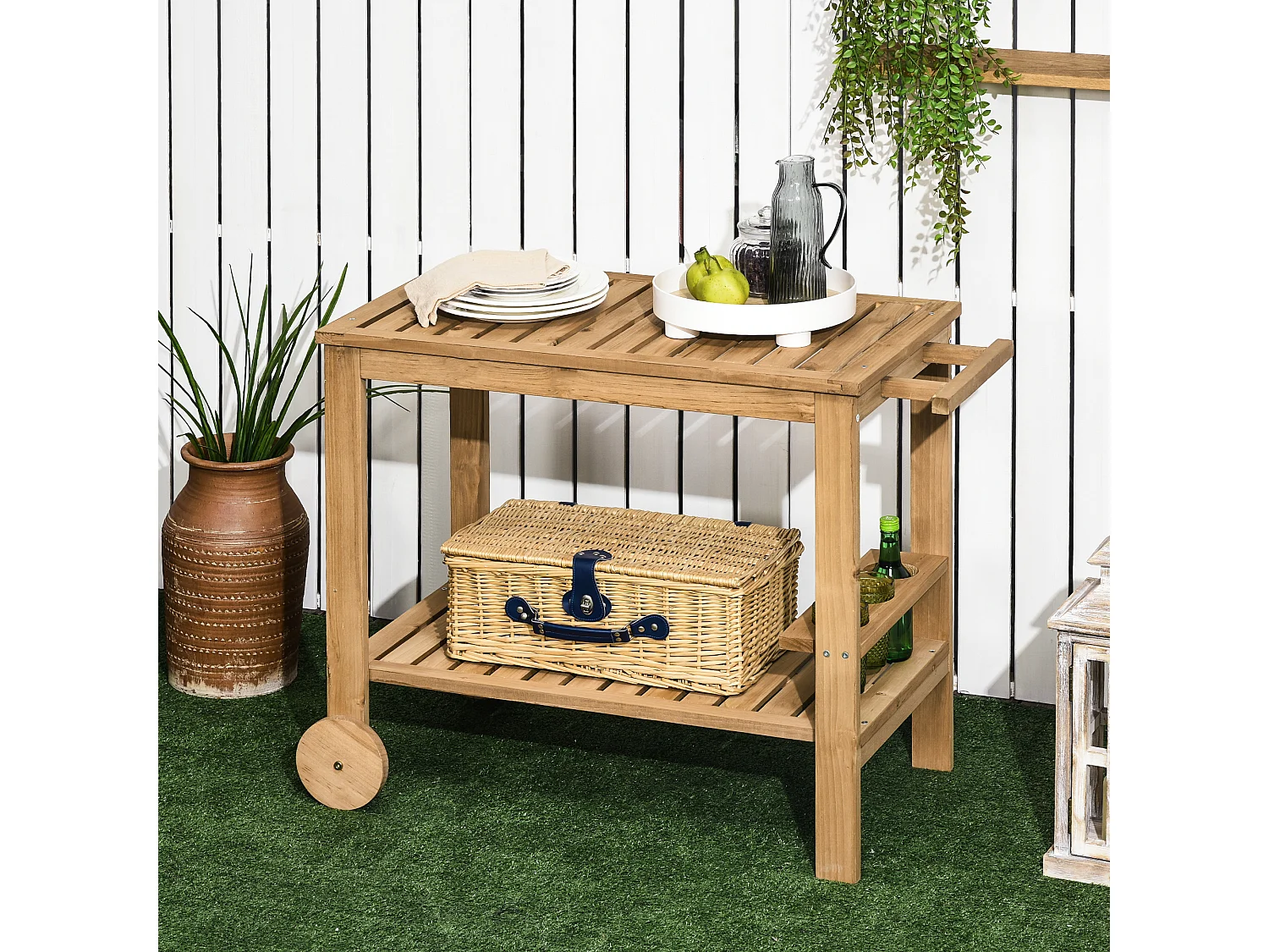 Desserte de jardin - desserte pour plancha - étagère, 3 porte-bouteilles, 2 roues, poignée - bois sapin pré-huilé