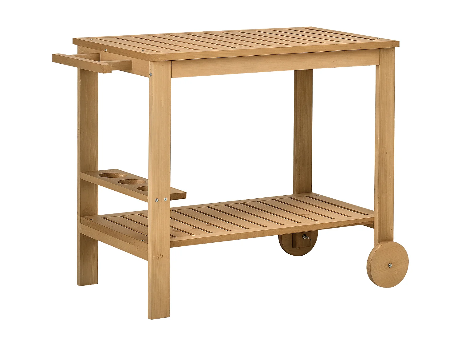 Desserte de jardin - desserte pour plancha - étagère, 3 porte-bouteilles, 2 roues, poignée - bois sapin pré-huilé