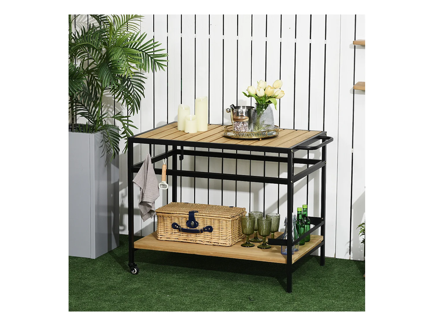 Desserte de jardin chariot pour plancha barbecue en bois et métal avec 2 étagères et 3 crochets - 107 x 65 x 80 cm noir naturel