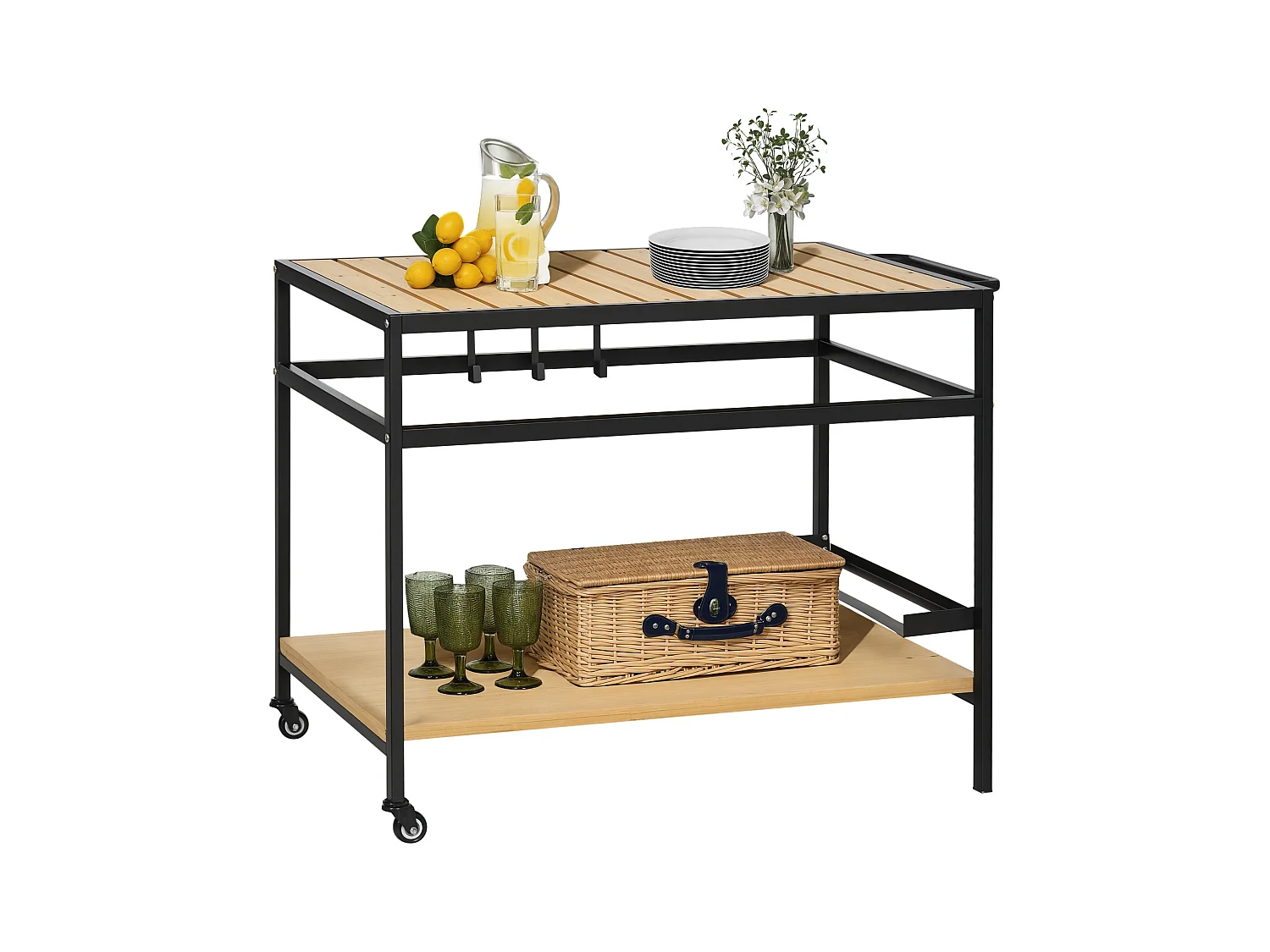 Desserte de jardin chariot pour plancha barbecue en bois et métal avec 2 étagères et 3 crochets - 107 x 65 x 80 cm noir naturel