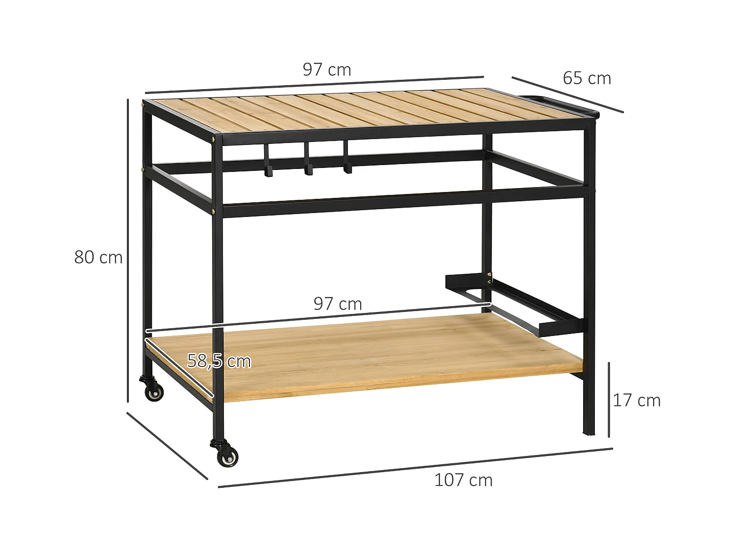Desserte de jardin chariot pour plancha barbecue en bois et métal avec 2 étagères et 3 crochets - 107 x 65 x 80 cm noir naturel