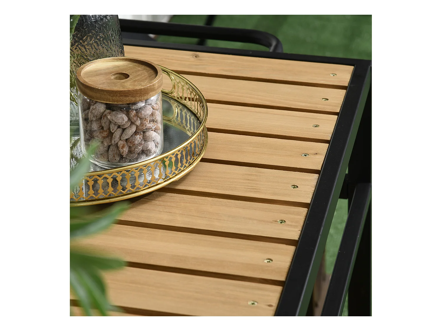 Desserte de jardin chariot pour plancha barbecue en bois et métal avec 2 étagères et 3 crochets - 107 x 65 x 80 cm noir naturel