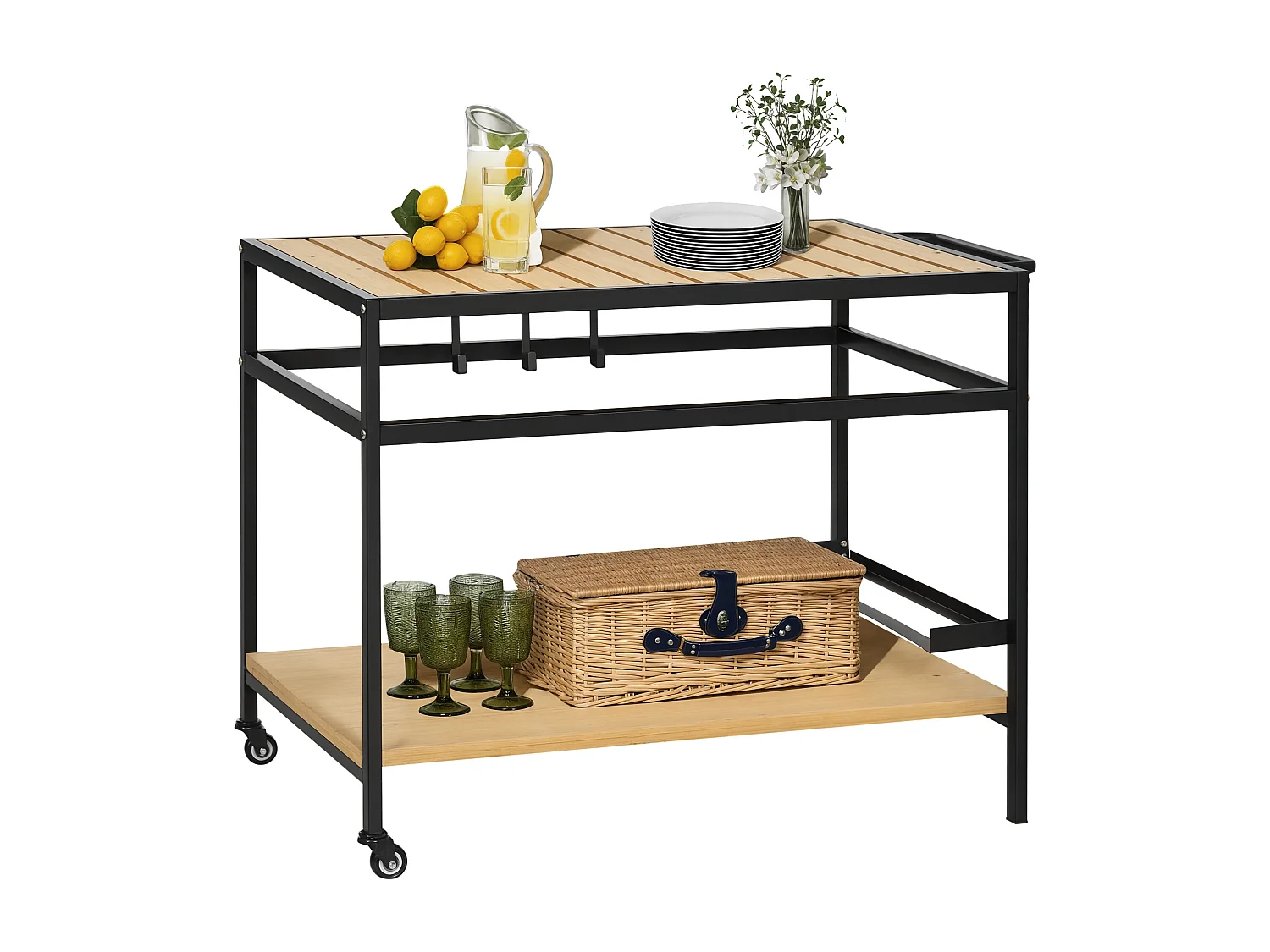 Desserte de jardin chariot pour plancha barbecue en bois et métal avec 2 étagères et 3 crochets - 107 x 65 x 80 cm noir naturel