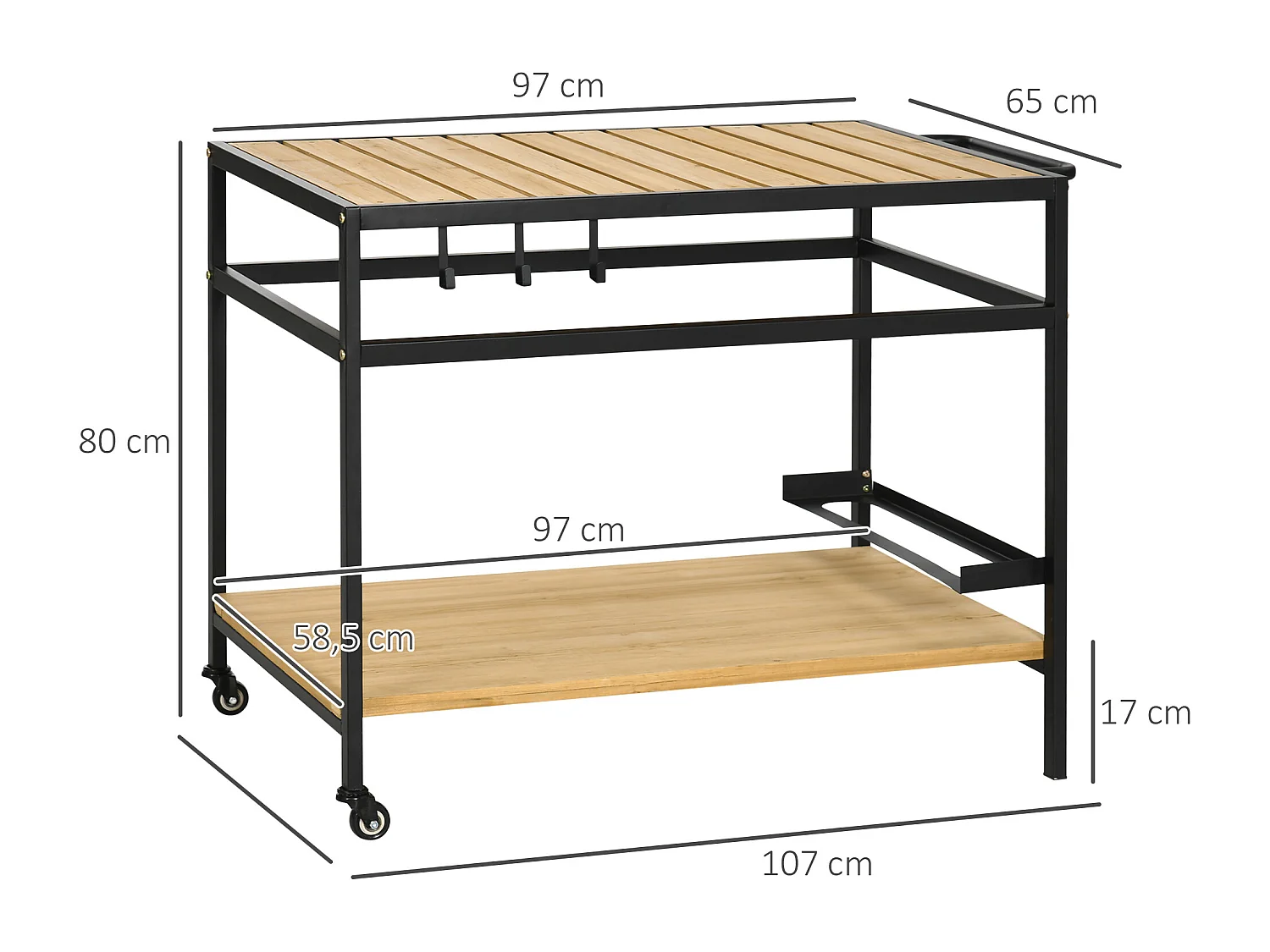 Desserte de jardin chariot pour plancha barbecue en bois et métal avec 2 étagères et 3 crochets - 107 x 65 x 80 cm noir naturel