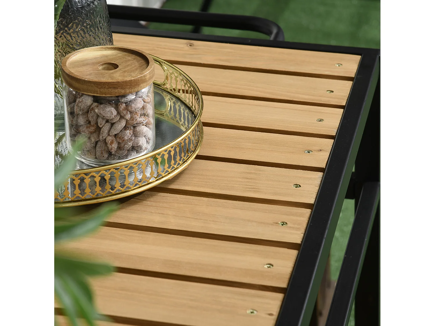 Desserte de jardin chariot pour plancha barbecue en bois et métal avec 2 étagères et 3 crochets - 107 x 65 x 80 cm noir naturel