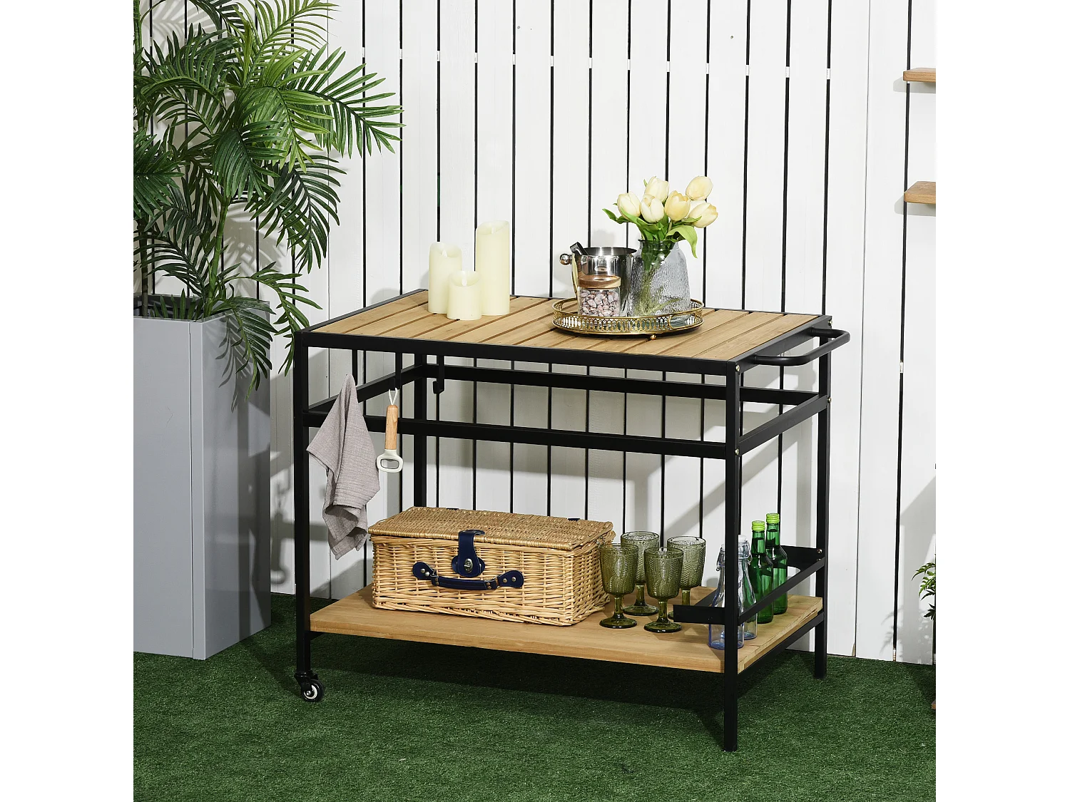 Desserte de jardin chariot pour plancha barbecue en bois et métal avec 2 étagères et 3 crochets - 107 x 65 x 80 cm noir naturel