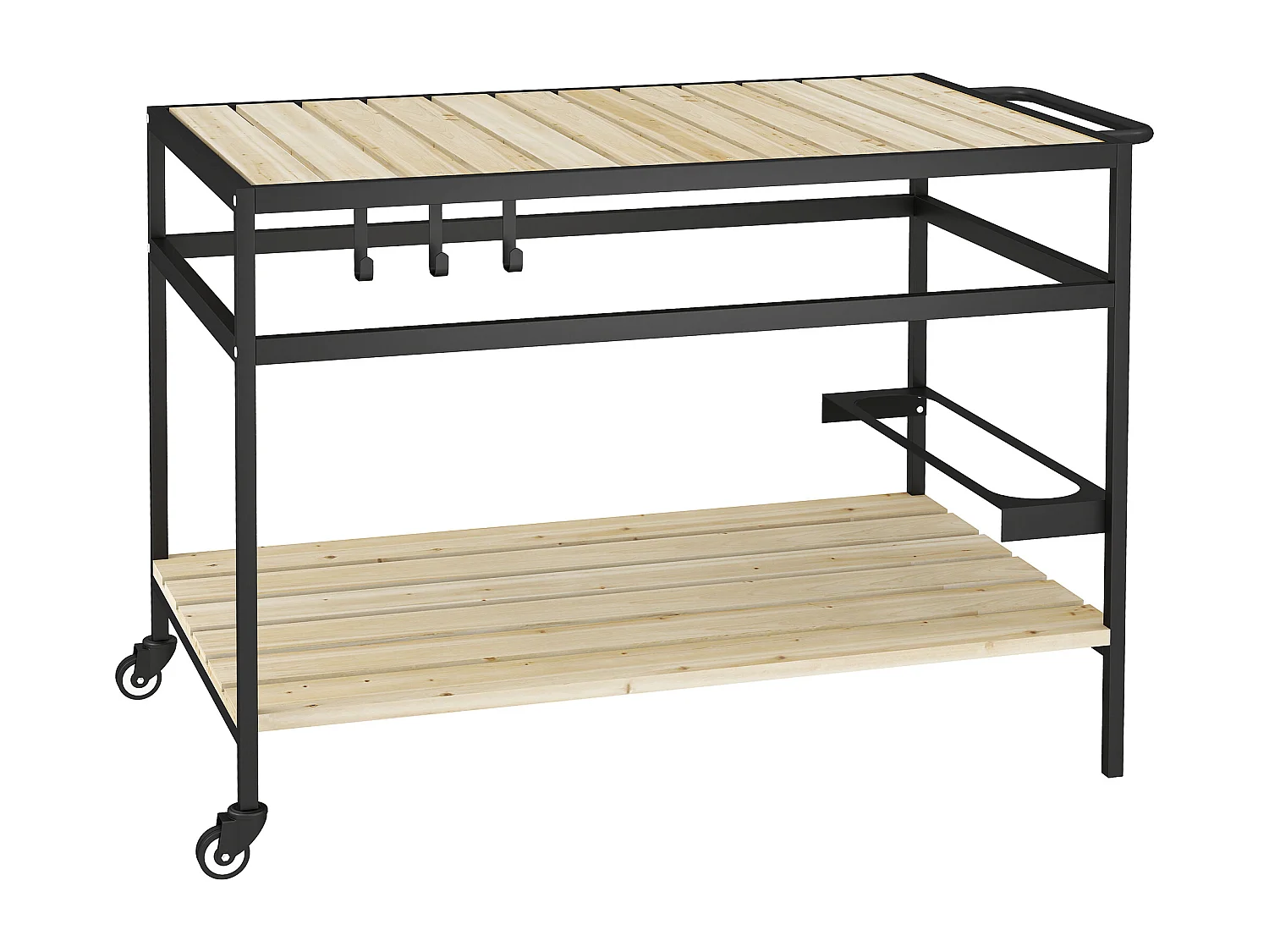 Desserte de jardin chariot pour plancha barbecue en bois et métal avec 2 étagères et 3 crochets - 107 x 65 x 80 cm noir naturel