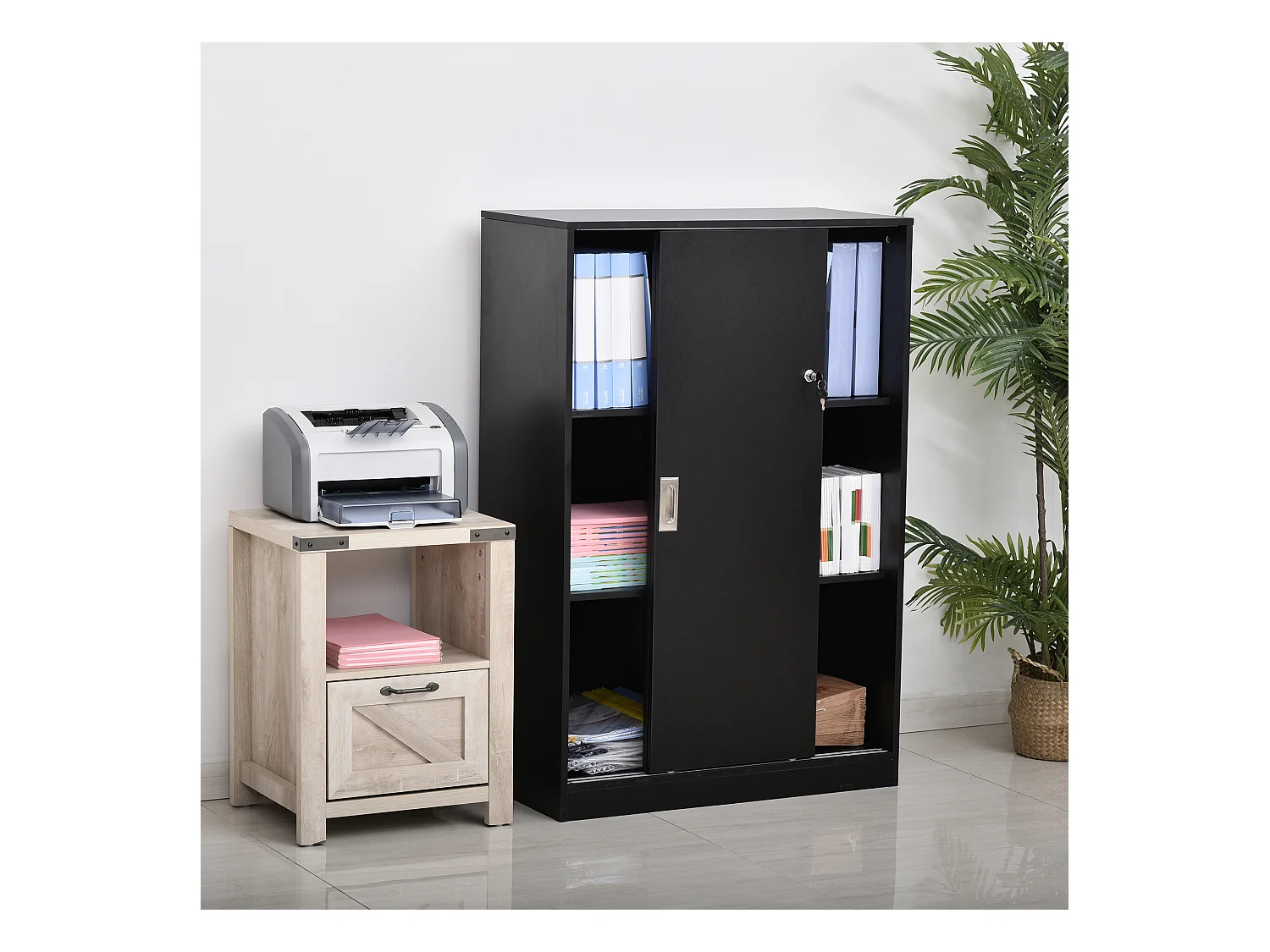 Armoire de bureau 2 portes coulissantes verrouillables dim. 80L x 40l x 120H cm 2 étagères panneaux particules noir