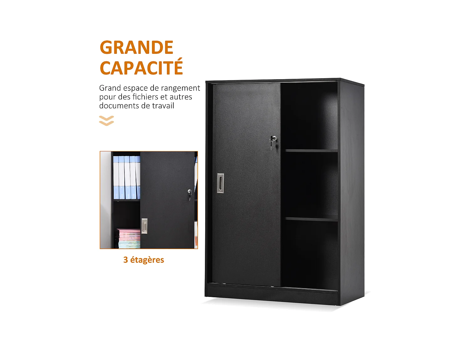 Armoire de bureau 2 portes coulissantes verrouillables dim. 80L x 40l x 120H cm 2 étagères panneaux particules noir