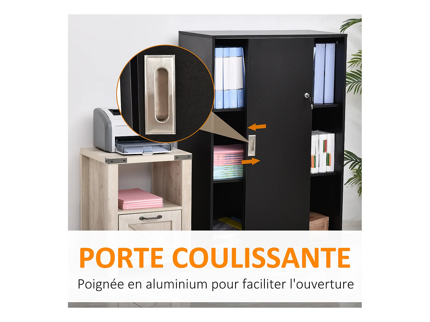 Armoire de bureau 2 portes coulissantes verrouillables dim. 80L x 40l x 120H cm 2 étagères panneaux particules noir