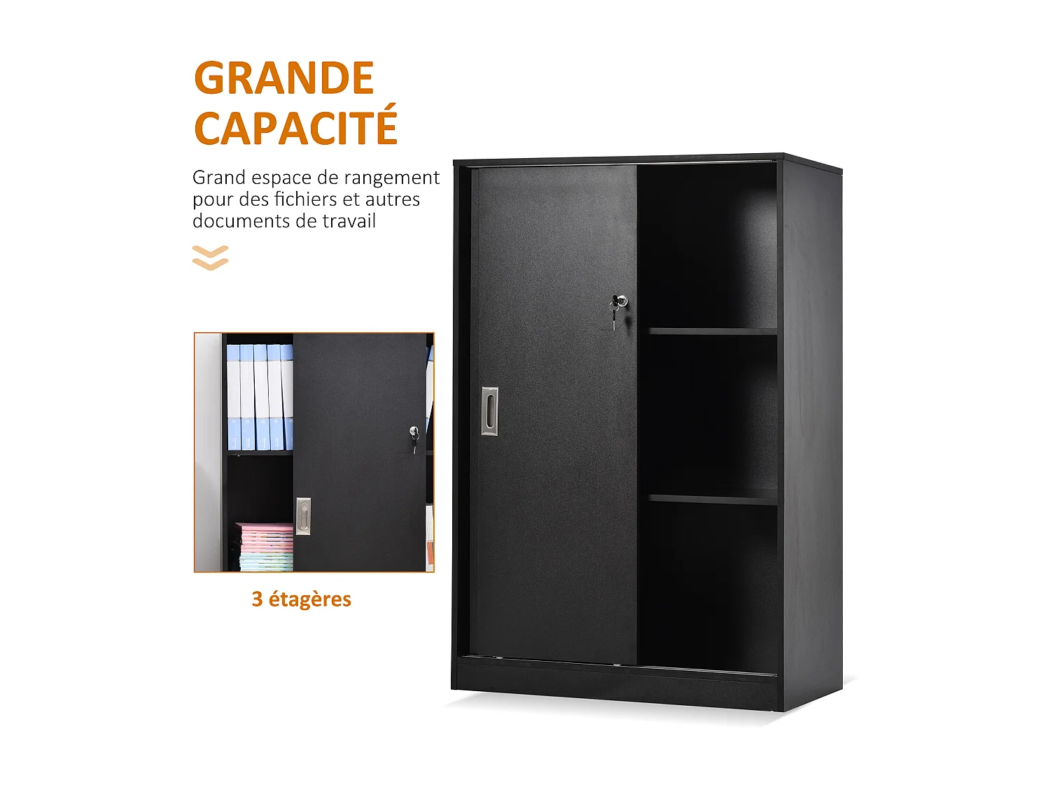 Armoire de bureau 2 portes coulissantes verrouillables dim. 80L x 40l x 120H cm 2 étagères panneaux particules noir